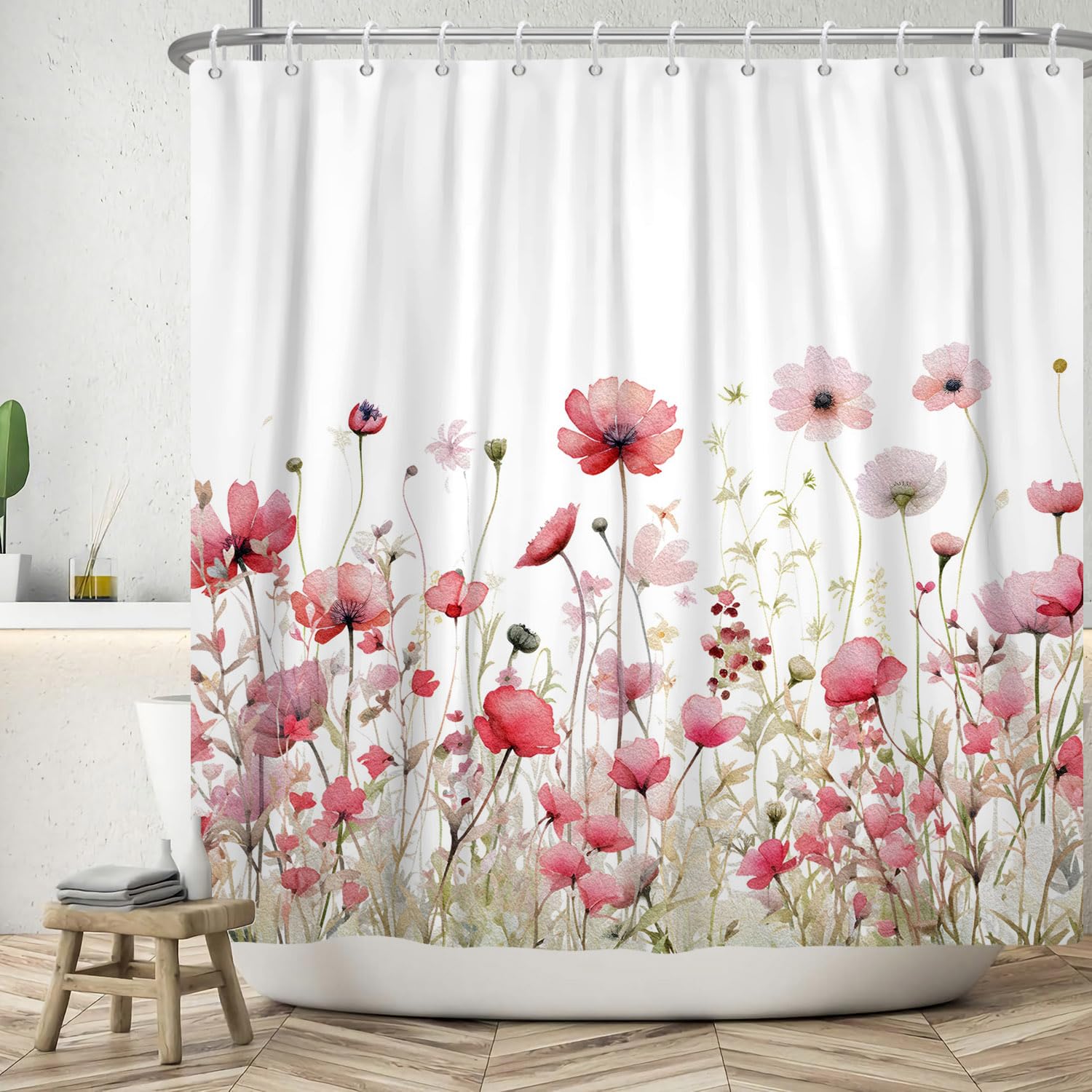 ASDCXZ Flower Shower Curtain 165x180 cm, Spring Hand Painted Red Rose Flowers Green Leaves White Bath Washable Shower Curtains Polyester Textile Waterproof Bath Curtain for Bathtub with 12 Hooks โ image 1