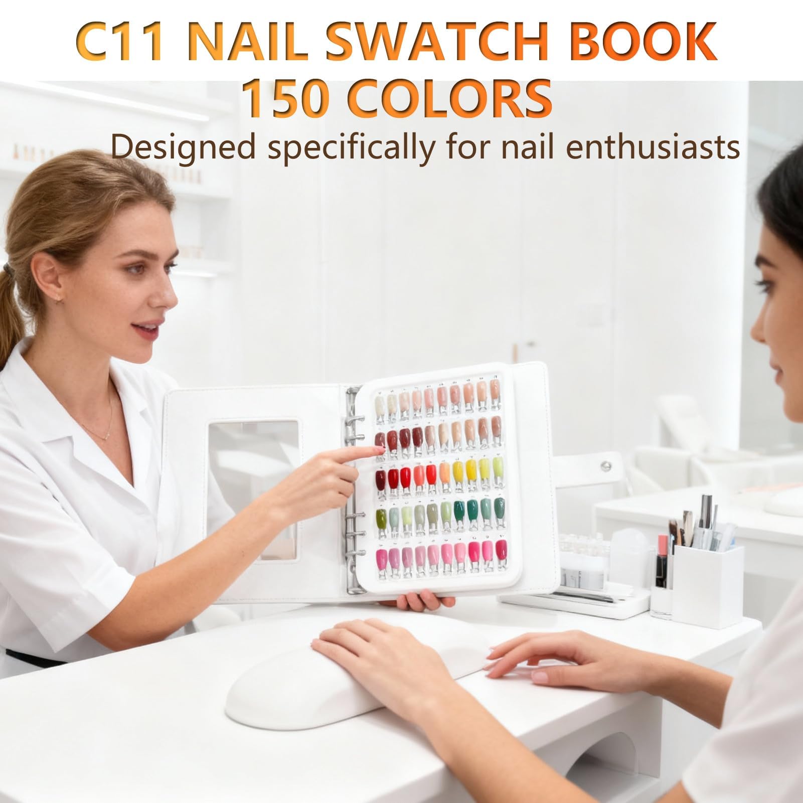 Cartella colori per nail art con 150 colori, 150 colori per nail art, campionario con punte finte bianche, copertina in similpelle per salone fai da te a casa