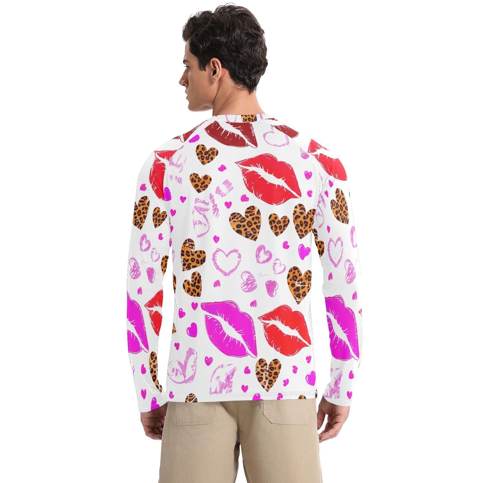 Mens UPF 50+ UV Sun Protection Rash Guard Men Quick Dry Men's Rash Guard Long Sleeve Swim Shirts, Leopard Lips Hearts White, Large