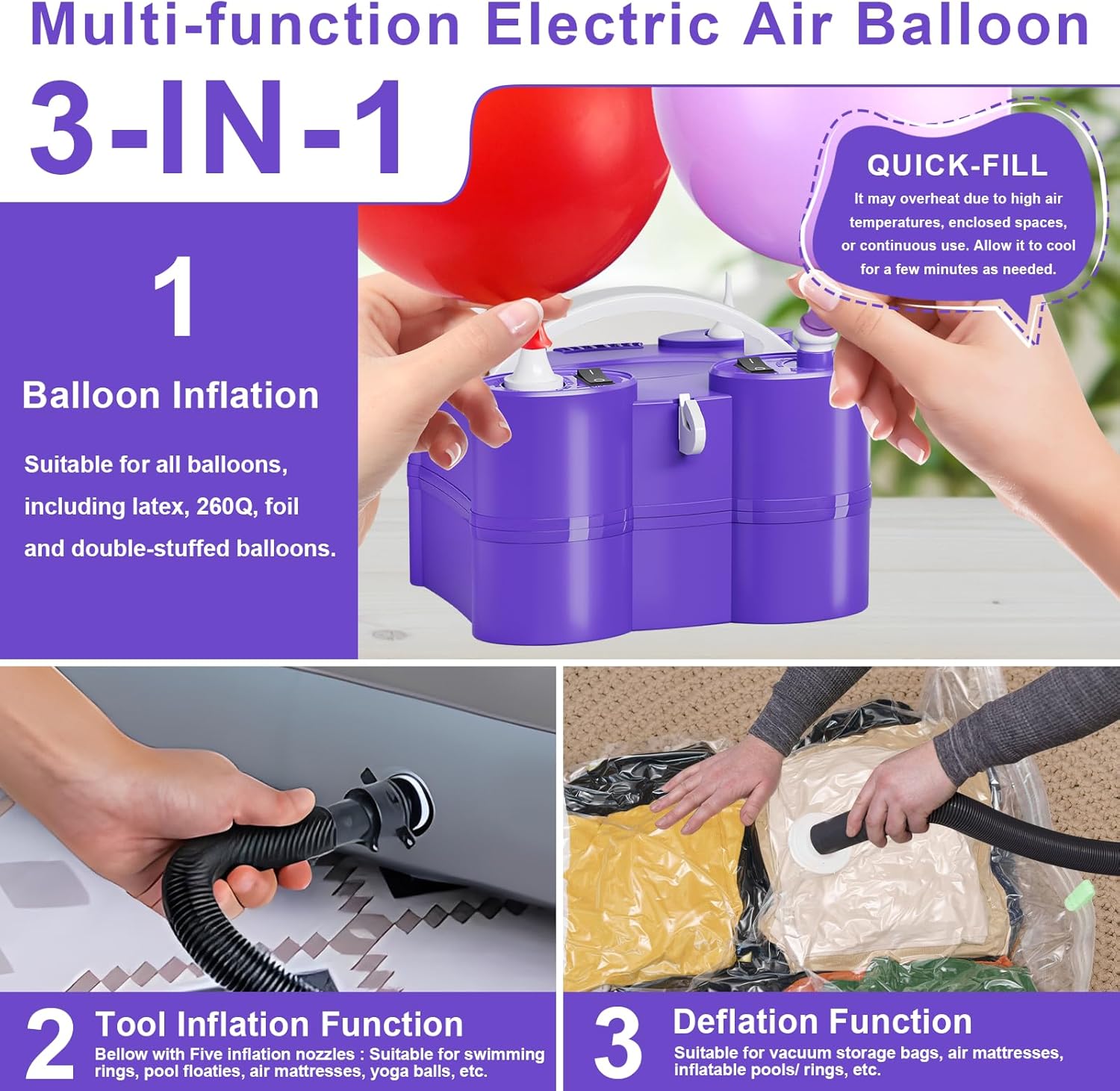 FLSEPAMB Electric Balloon Pump, 3-in-1 Portable Electric Air Balloon Blower Machine Balloon Pump 2 Motor Dual Nozzle Balloon Inflator for Latex 260Q Long Foil Balloons Swimming Rings Air Beds