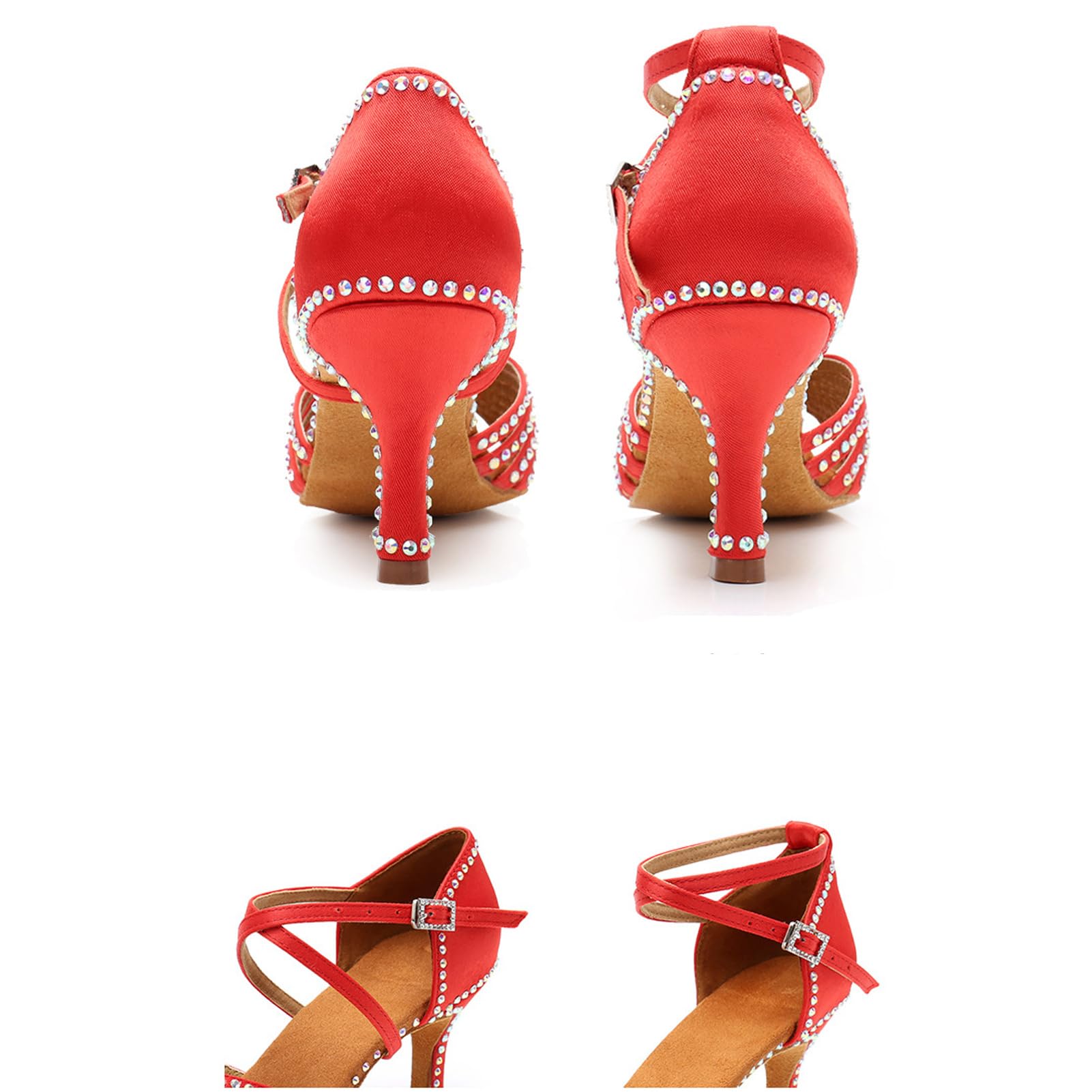 Nowe buty do tańca latynoskiego z diamentową wkładką dla kobiet dorosłych na środkowym obcasie miękka podeszwa buty do tańca wysokie obcasy z diamentowymi butami do tańca Cha-cha, A436 czerwony obcas