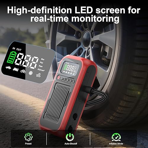 Miniatura 6 de Arrancador de salto con inflador de neumáticos, caja de salto portátil de 12 V con compresor de aire digital de 150 PSI, puente de batería de coche