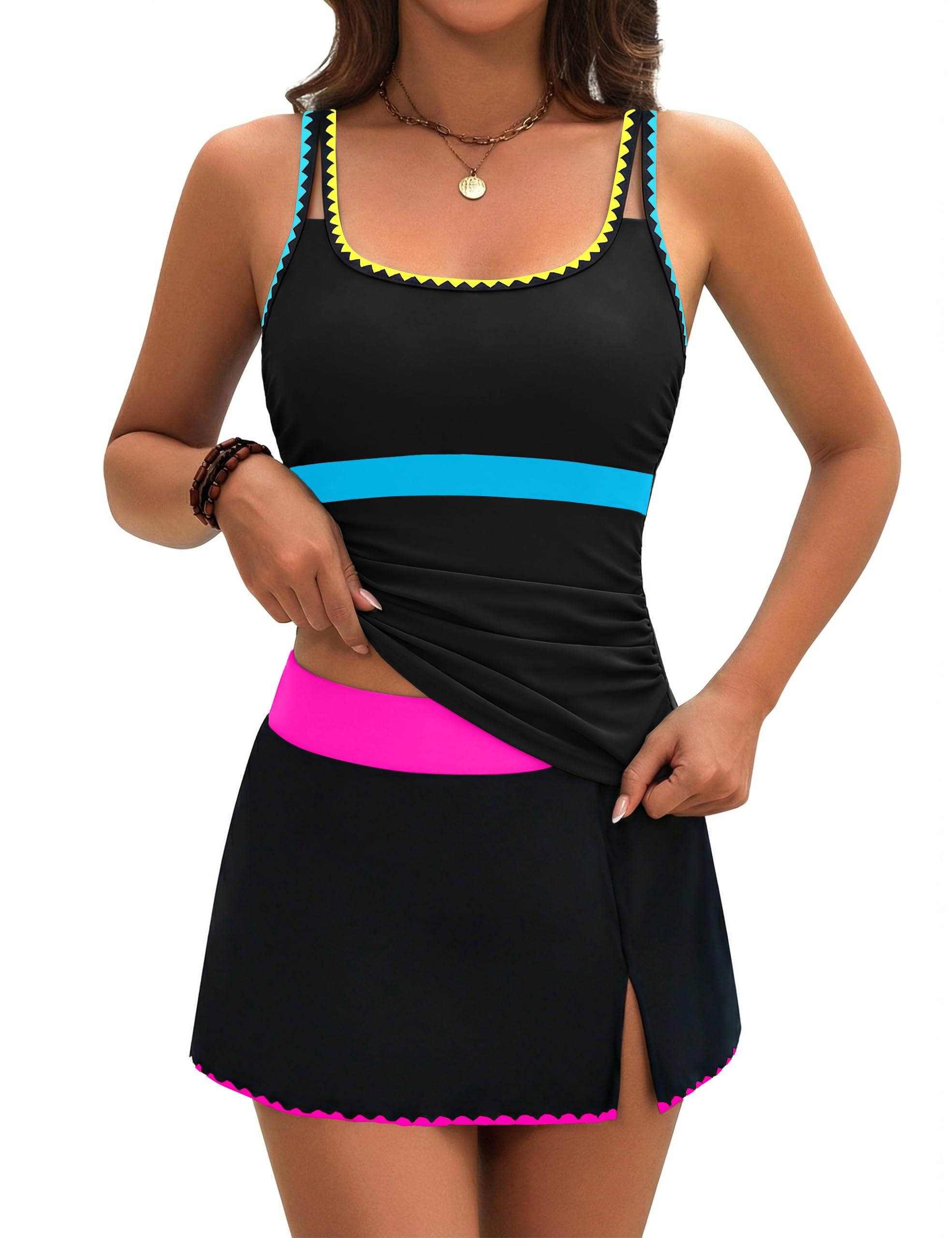 BMJL Womens Tankini Swimsuits Tummy Control Two Piece Bathing Suit Modest Swim Skirt Color Block Swim Suits 2026