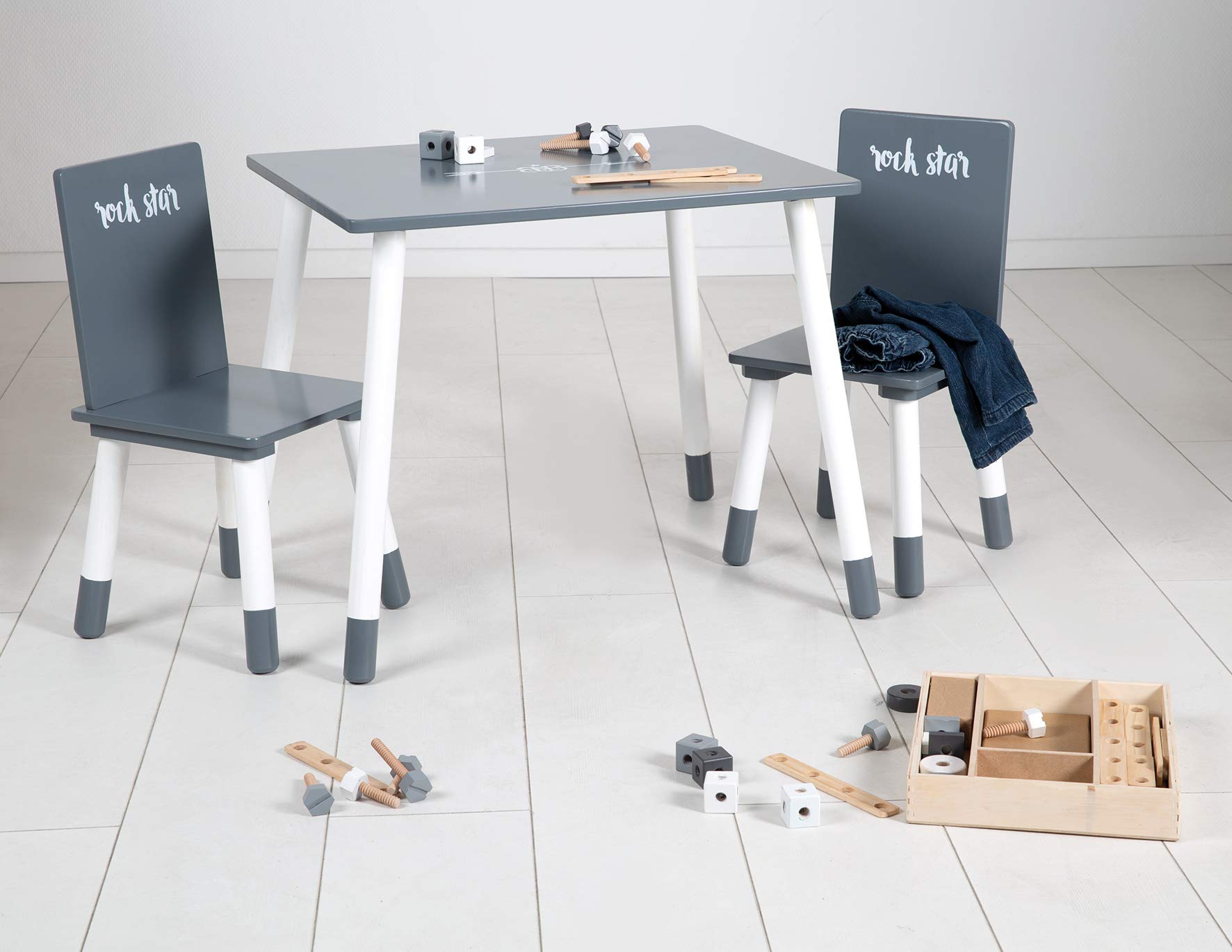 roba Ensemble Table + 2 Chaises Enfants "Rock Star Baby 3" - Pieds en Bois Massif - Style Scandinave - Gris Foncé/Blanc
