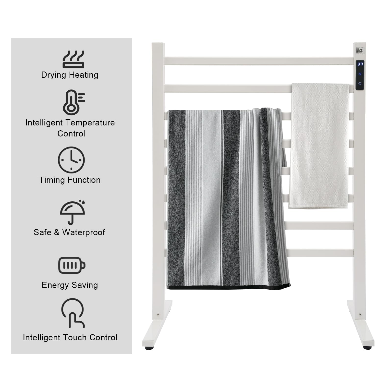 Elektrischer Handtuchheizkörper Freistehend Beheiztes Handtuchgestell 180W 45-65℃ Handtuchwärmer Weiß elektrisches Handtuchwärmergestell - Automatisch schließen - Aluminium