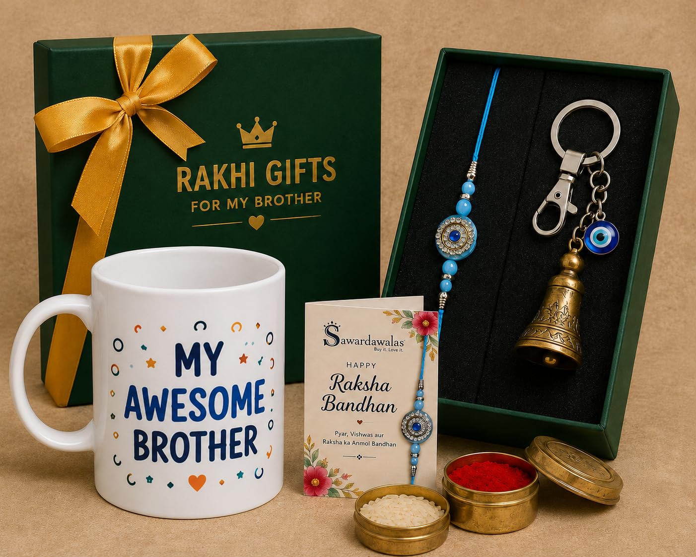 Rakhi Gift Hamper | Ceramic Coffee Mug, Beaded Stone Rakhi, Guardian Bell Keychain, Roli Chawal & Raksha Bandhan Greeting Card | Premium Gift Combo for Brother-picture-12