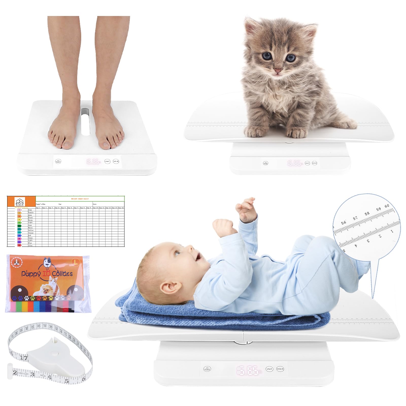 Baby Scale & Pet Scale with 60cm Tray, 330lb-150kg Digital Scale for Newborn, Puppy, Cat, Dog & Adult, Includes Tape Measure, Puppy Collar & Record Card, Hold/Tare Function,5 Unit Conversions