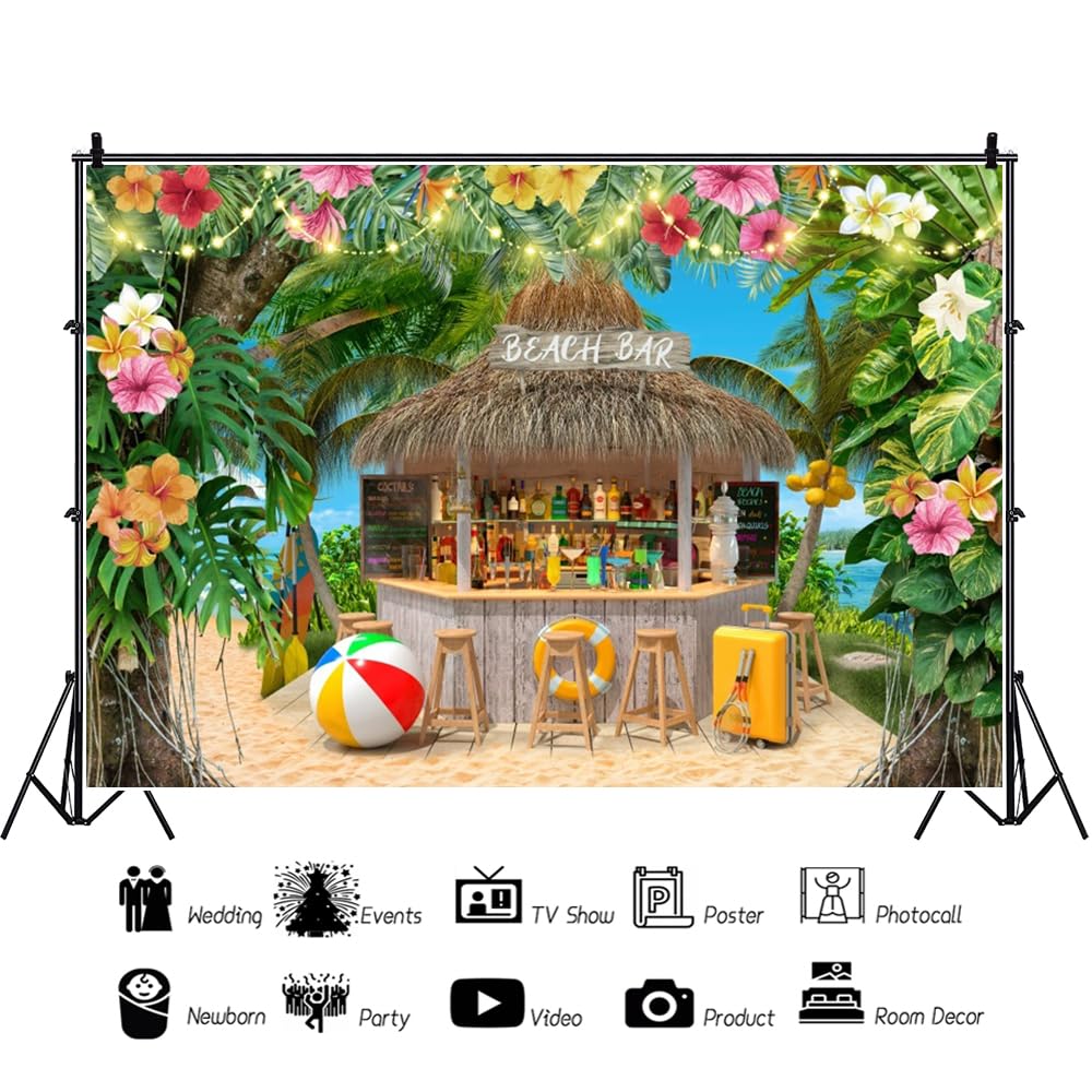 3x2,2m Toile de Fond de Bar de Plage d'été Palmiers tropicaux Floral Bleu Ciel Fond Photographique pour océan Plage Mariage Douche de bébé décoration de fête bannière photomaton