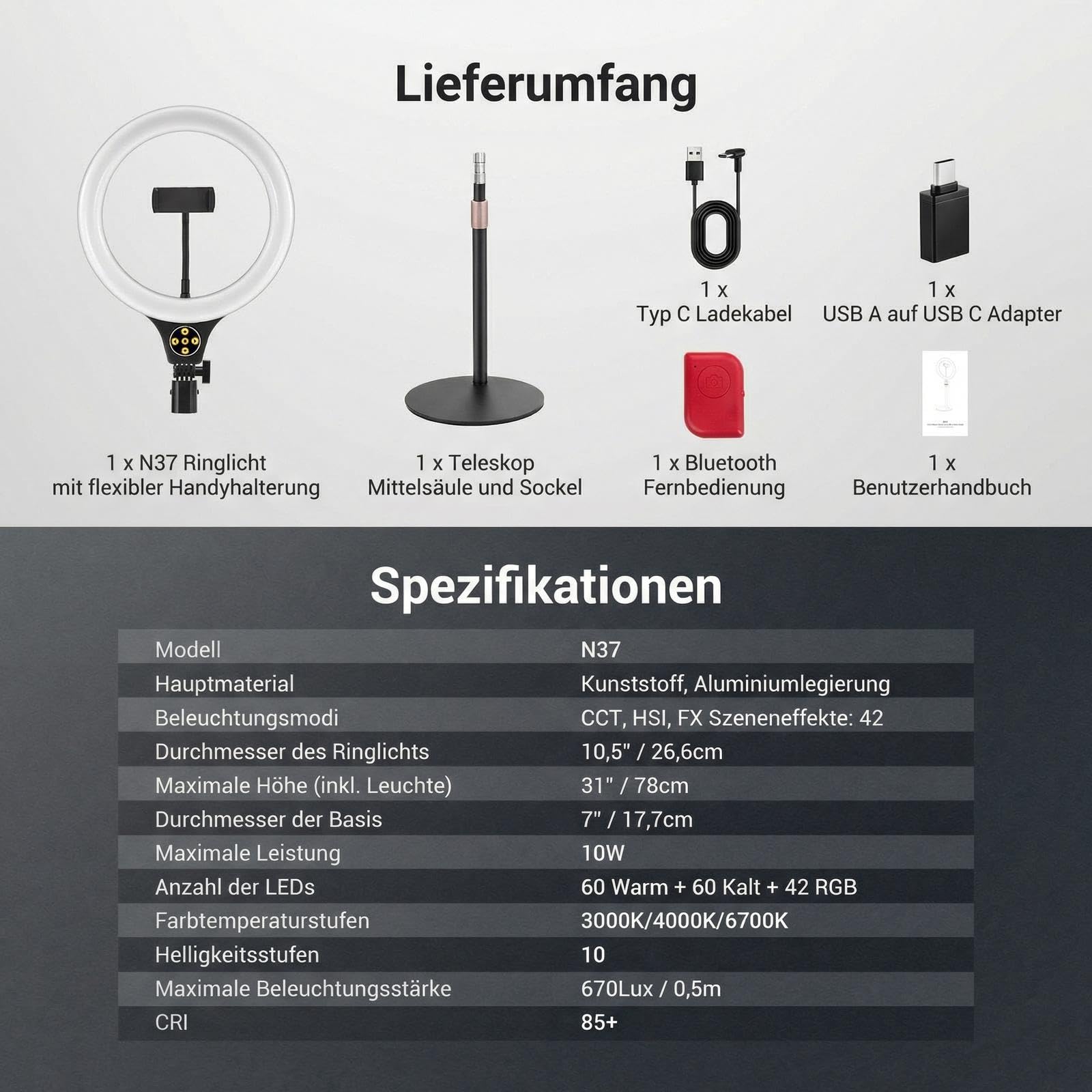 NEEWER Entry Level Version 10,5" RGB Ringlicht mit Tischständer Handyhalterung kompatibel mit iPhone Fernbedienung, 10W CRI85+ LED Videolicht für TikTok YouTube Streaming Aufnahmen Laptop Zoom, N37