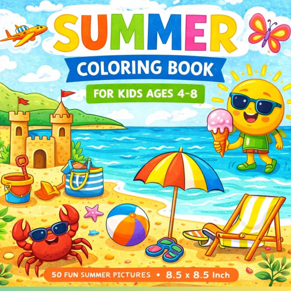 Cute Summer Coloring Book for Kids: Fun and Easy Summer Coloring Pages for Kids Ages 4-8 | Beach, Ocean, Ice Cream, Animals and Vacation Activities | 50 Adorable Designs