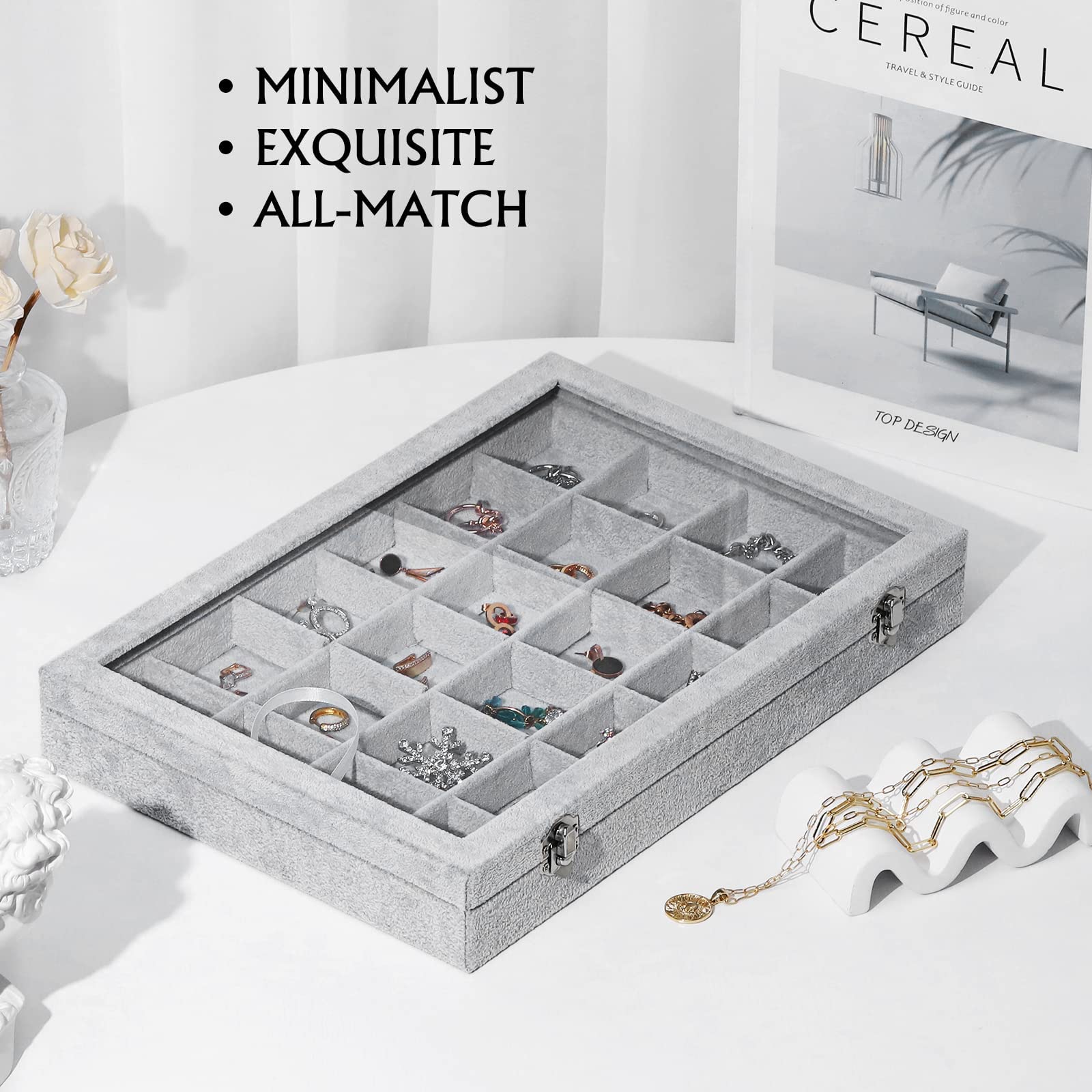 Emibele Velvet Jewelry Tray Organizer Box, 24 Grids with Clear Lid | Rings Earrings Bracelets Necklace Organizer Tray Showcase Display Jewelry Storage Case with Detachable Inner Dividers, Grey