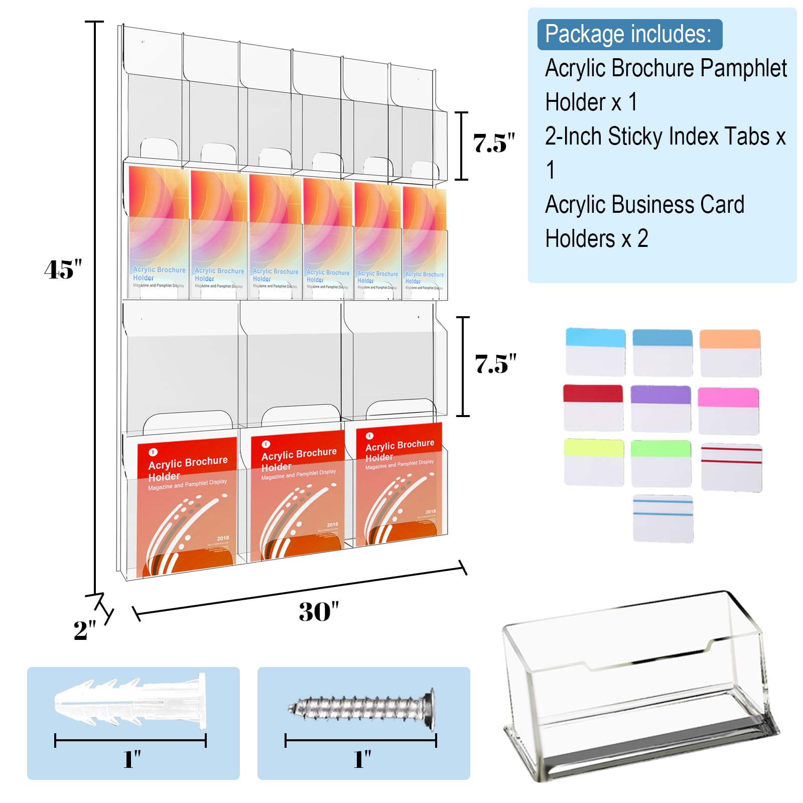 Acrylic Brochure Holder Wall Mount, Magazine and Pamphlet Display, Clear Literature Organizer Rack for 12 Pamphlets and 6 Magazines, Flyer Pamphlet Holder with Business Card Holders and Index Tabs