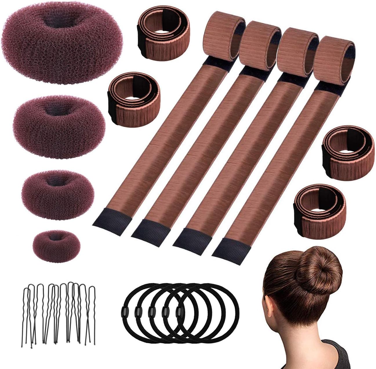 Hair Bun Maker, Scoolr Hair Donut Doughnut Maker Tool Set with 4 Pcs Donut Bun Maker, 4 Pcs Foam French Twist Hairstyle Clip DIY Doughnuts, 5 Pcs Hair Bands and 50 Bobby Pins