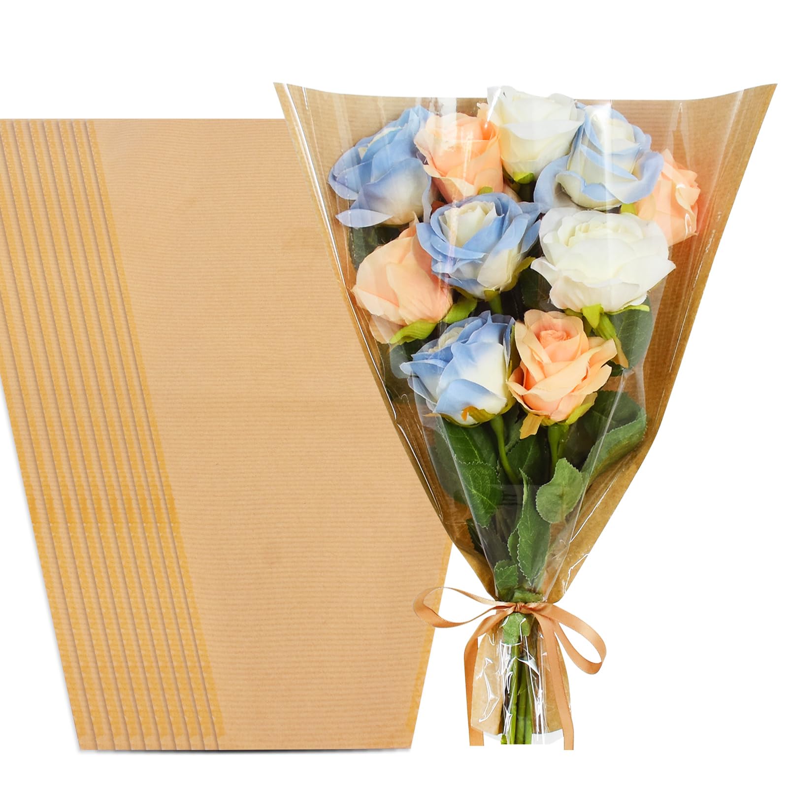 BEISHIDA 100 Pcs Flower Wrapping Bags, Bouquet Sleeves Kraft Paper 15.7 x 13.7 in Clear Flower Sleeves for Bouquets Florist Supplies, Mother's Day,