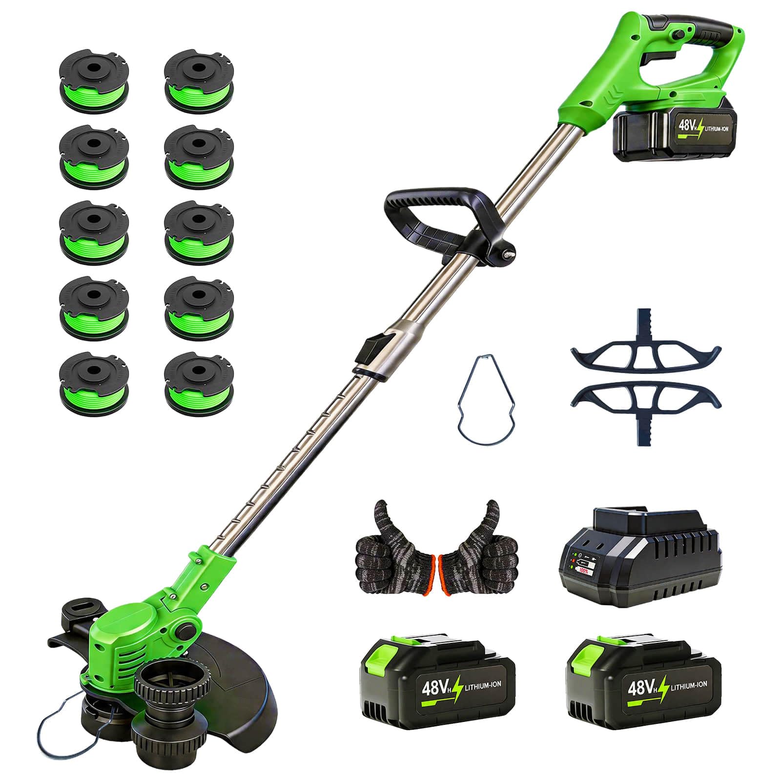 Photo 1 of 2026 Upgrade 48V 3 in 1 Electric Weed Wacker Cordless, 12’’ Electric Weed Eater Battery Powered 2x4.0AH, Cordless String Trimmer with Auto Spool Feed with 10 Replacement Spools - 1 pcs Green