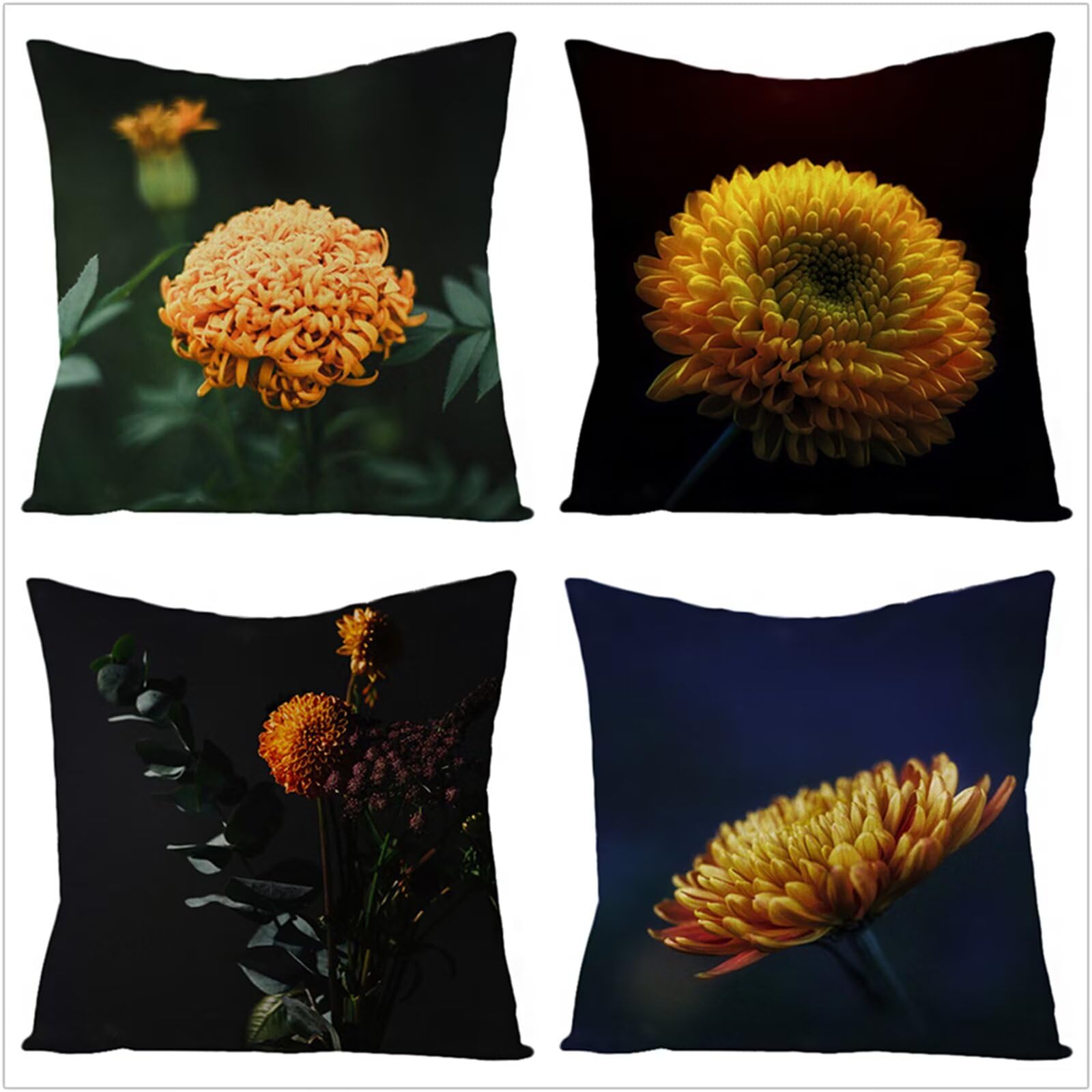Fundas Cojines 70x70cm,Juego de 4 Fundas de Cojines Modernas Terciopelo Decorativa Hogar Almohadas Fundas para Sala Sofá Cama Decoración para Hogar Flor Amarilla Negra