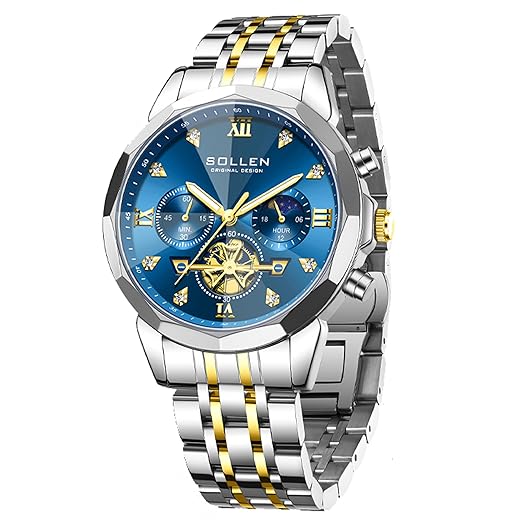 SOLLEN Mens Luxury Watches, Analog Quartz Chronograph Watches for Men, Stainless Steel Watch with Moon Phase, 30M Waterproof Wrist Watch for Men,Business Dress Classic Elegant Work Watch Gifts for Man