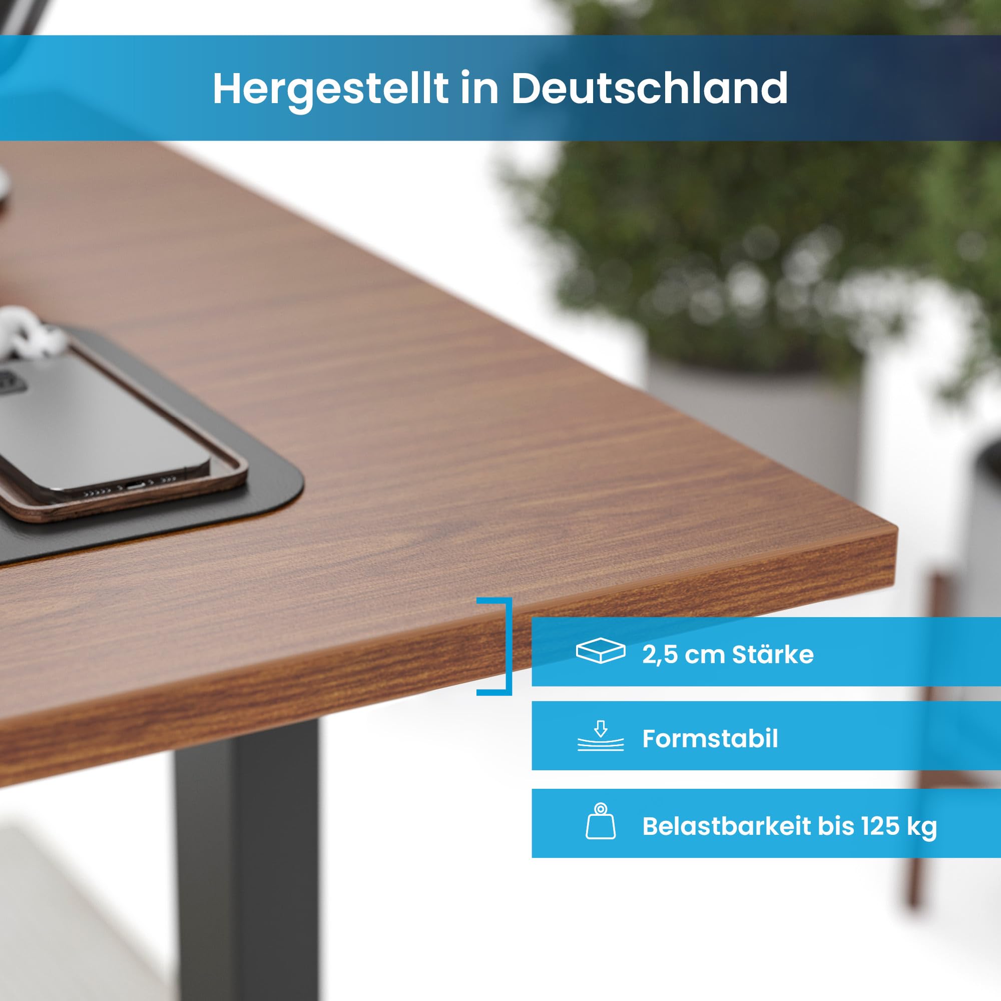 Ergotopia® Tischplatte Nussbaum 120 cm, robuste Schreibtischplatte ideal für höhenverstellbare Schreibtische - Holzplatte gefertigt in Deutschland - 25 mm Bürotischplatte