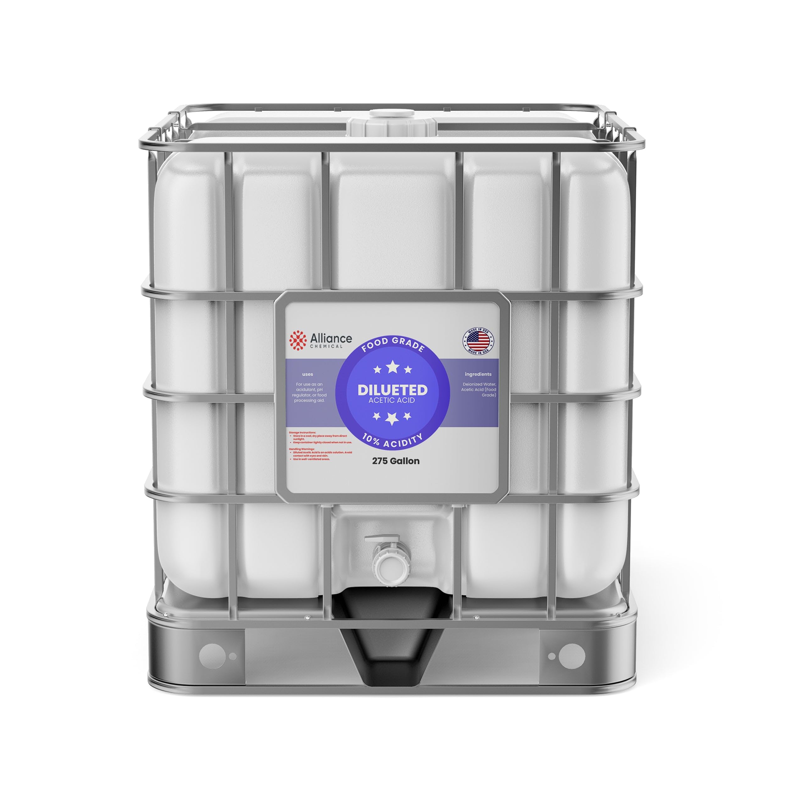 10% Diluted Acetic Acid Food Grade - 275 Gallon IBC Tote – for Industrial Cleaning, pH Adjustment, Metal Surface Preparation, and Chemical Processing