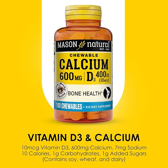 MASON NATURAL Calcium 600 mg with Vitamin D3, 300 Day Supply, Supports Healthy Bones & Normal Muscle Function, Coffee Mocha Flavor, 100 Chewables (Pack of 3)