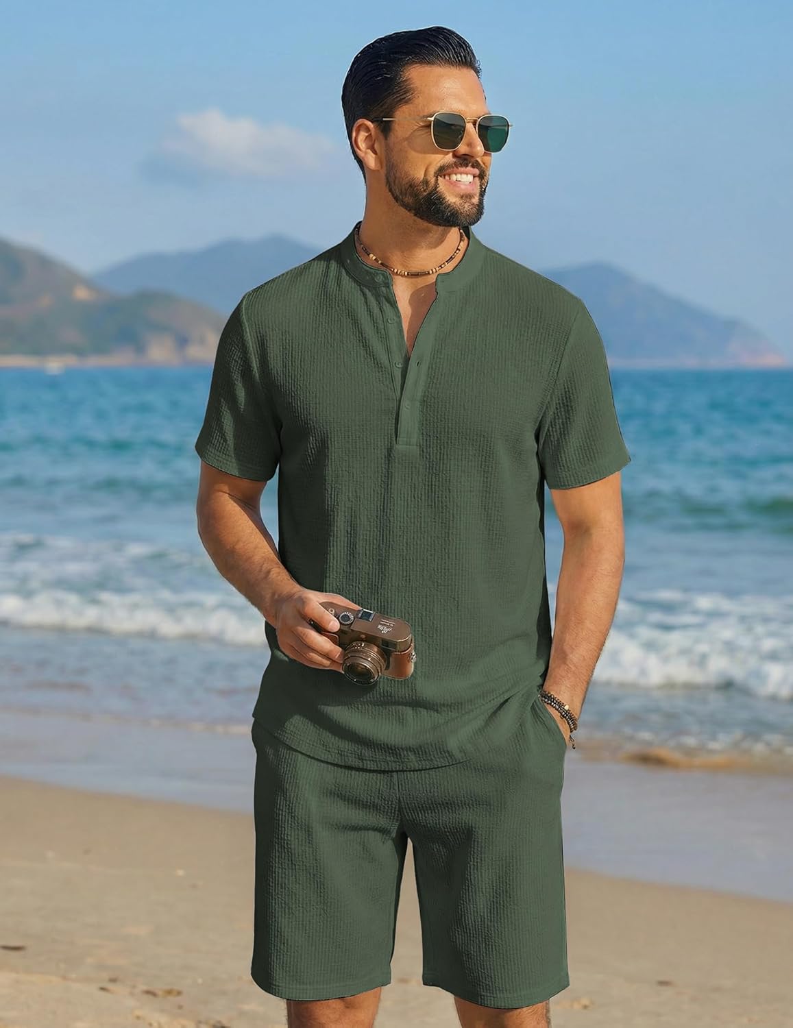 COOFANDY Men's 2 Piece Summer Beach Outfits, Textured Casual Henley Shirt and Shorts Set - Image 3