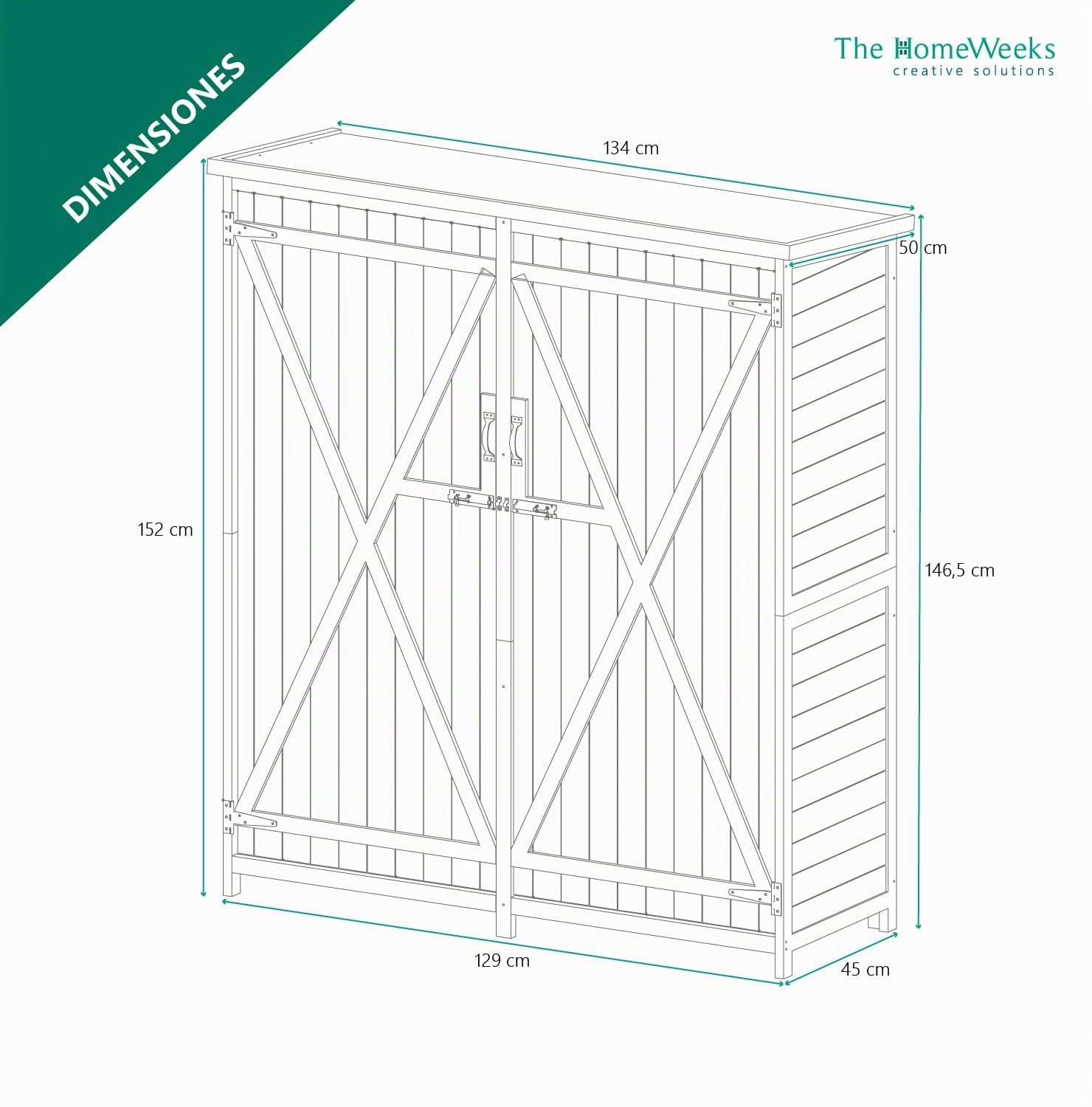 The Homeweeks Cobertizo Armario Jardín ISABA | Madera Tratada Maciza | 135 * 50 * 152cm. | Armario Multiusos Impermeable | Almacenamiento |Doble Puerta con Cerrojo | Cubierta Asfálto Impermeable