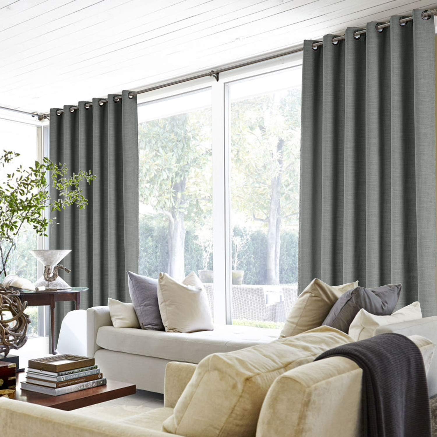 ChadMade 120W x 84L Inch Carbon Grey Linen Polyester Curtain Drapes with Blackout Lining, Room Darkening Antique Bronze Grommet Curtain for Sliding Glass Door Patio Door Living Room (1 Panel)