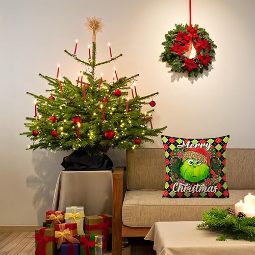 Miniatura 6 de Funda de almohada a cuadros de búfalo verde, negro y rojo con diseño de Grin-chmas, para sala de estar, dormitorio, funda de cojín Grin-ch para