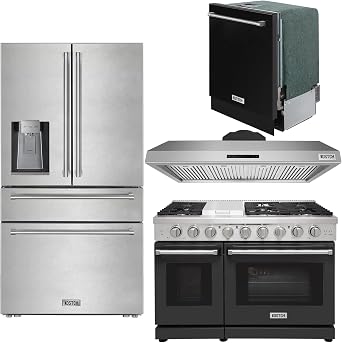 KOSTCH 4 Set - 48" Natural or Liquid Propane Gas Range, 48" Wall-Mounted Range Hoods, 36" 21.6 cu. ft. French Door Refrigerator/Fridge & 24" Top Control Built-In Dishwasher Black