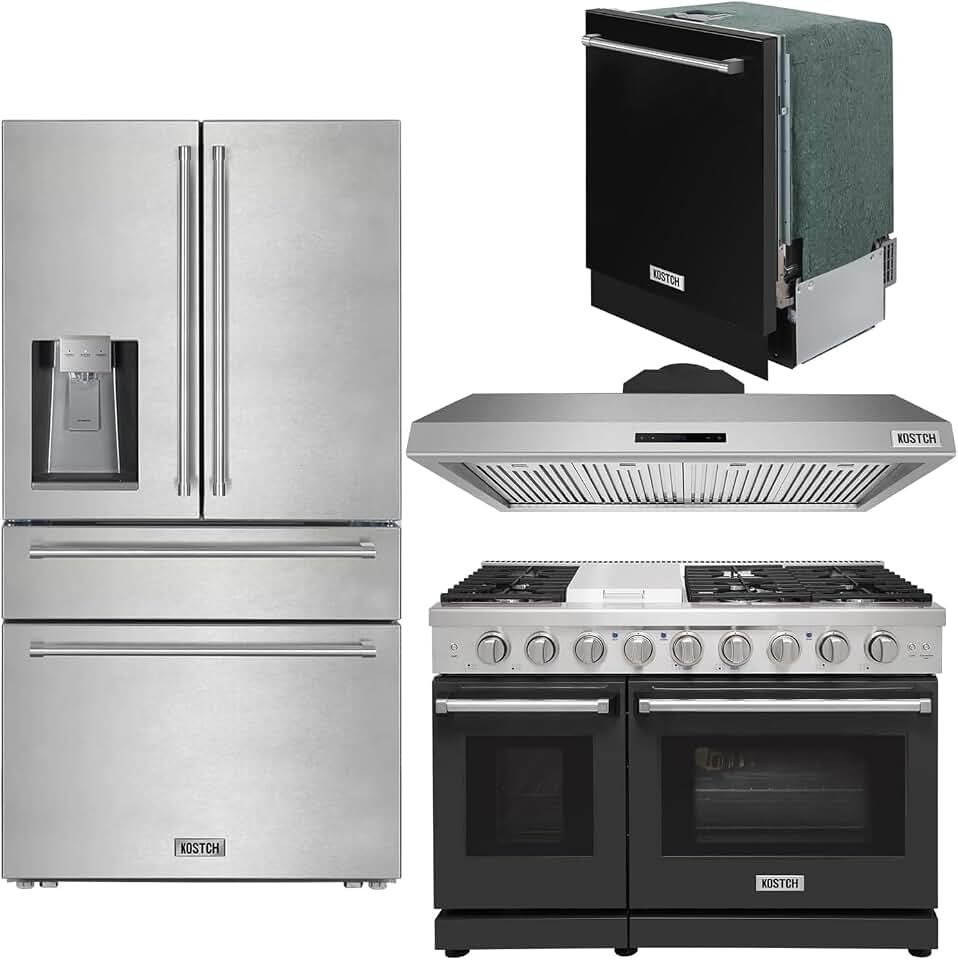 KOSTCH 4 Set - 48" Natural or Liquid Propane Gas Range, 48" Wall-Mounted Range Hoods, 36" 21.6 cu. ft. French Door Refrigerator/Fridge & 24" Top Control Built-In Dishwasher (Black)