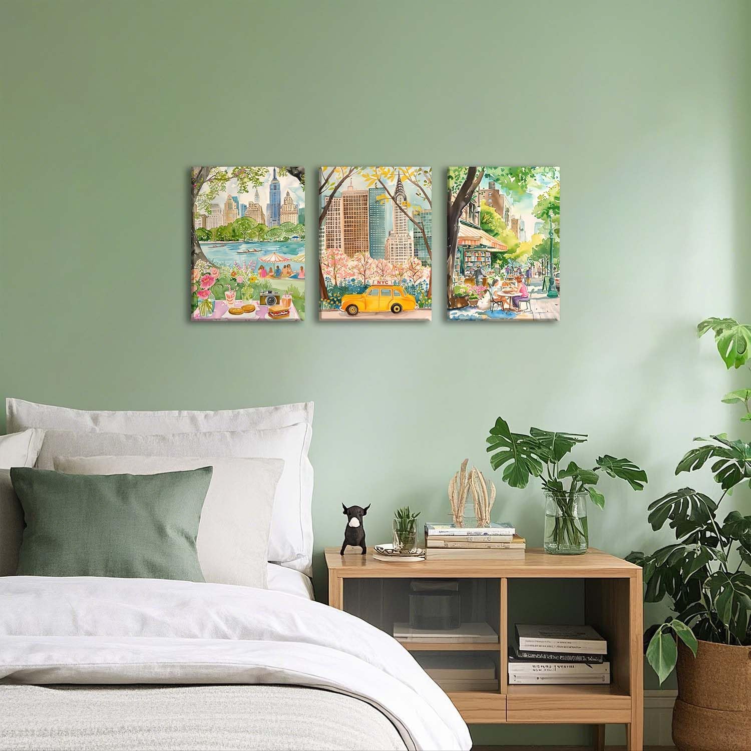 XLARTMY New York City Poster Travel Wall Art Canvas Framed Watercolor NYC Central Park Landmarks Artwork Decor Painting Prints Pictures Set of 3 for Bedroom Living Room Bathroom Office 12x16in