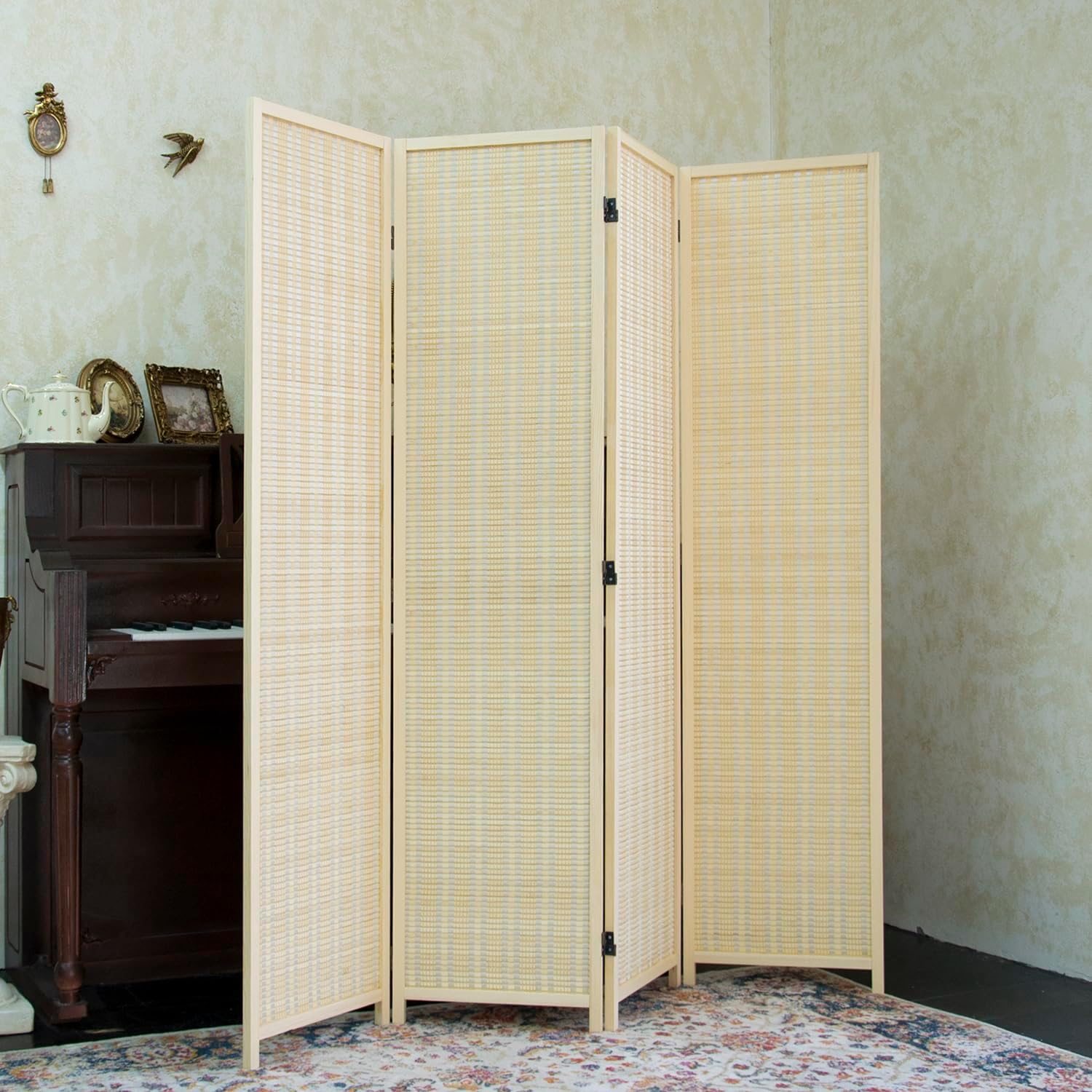 Furnnylane 4 Panel Bamboo Room Divider - 5.6 ft Tall Folding Privacy Screen, Natural Beige Freestanding Partition Wall for Home Office & Room Separation (67" H x 61.4" W)