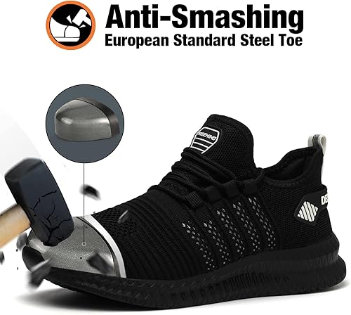 Miniatura 2 de Kezhiho Zapatos de trabajo con punta de acero para hombre, ligeros, cómodos, antideslizantes, a prueba de pinchazos, zapatos de seguridad,