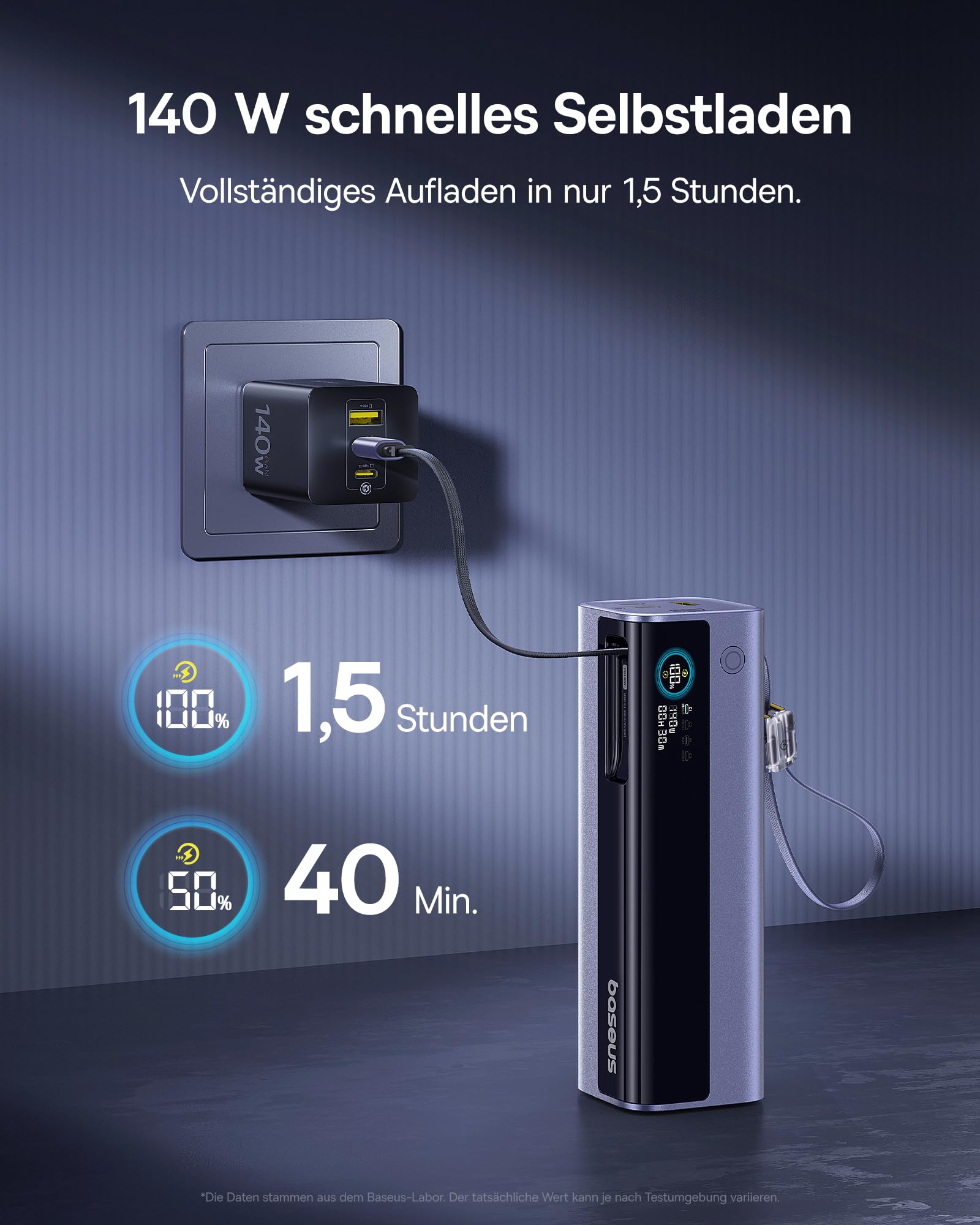 Baseus EnerGeek GR11 Powerbank Laptop 25000mAh, 200W Schnellladen, Power Bank mit 62cm Retractable USB C Kabel, Externe Handyakkus für MacBook Pro, Dell, HP, Samsung Galaxy S26/S25 Ultra, iPhone