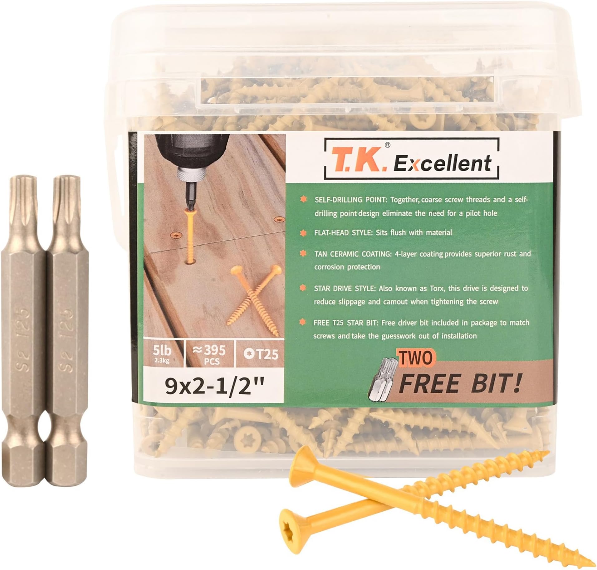 T.K.Excellent Deck Screws 2-1/2 Inch Wood Screws #9 x 2-1/2, 395 Pcs, Rust Resistant Tan Exterior Structural Screws, Torx Drive Screws, Two T25 Bits, Brilliant Yellow Ruspert Coating Rust Proof