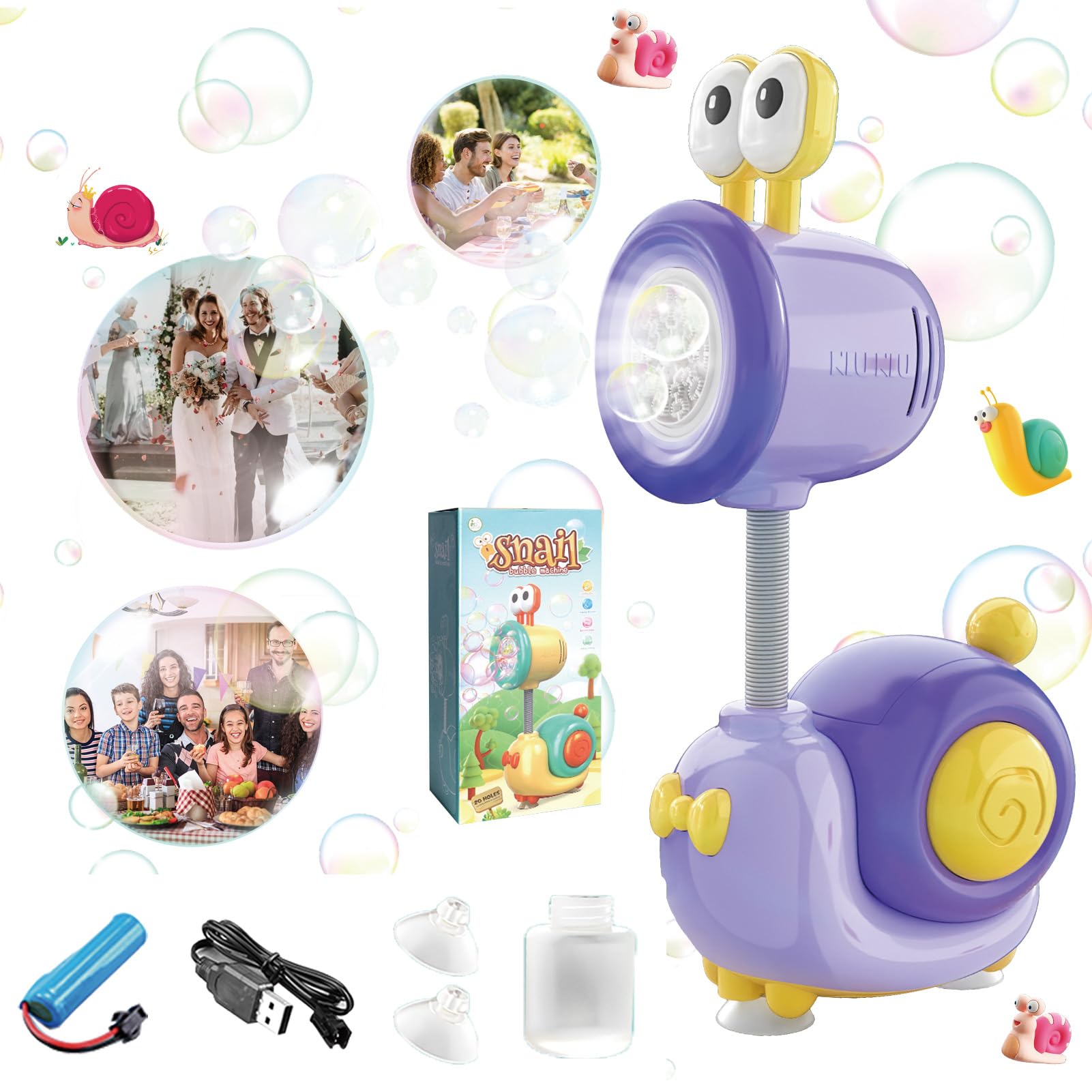 Máquina De Burbujas Eléctrica Con Forma De Caracol – Set Portátil Con 10 Salidas, Solución De 90ml Y Ventosas Para Fiestas, Bodas Y Juegos Al Aire Libre