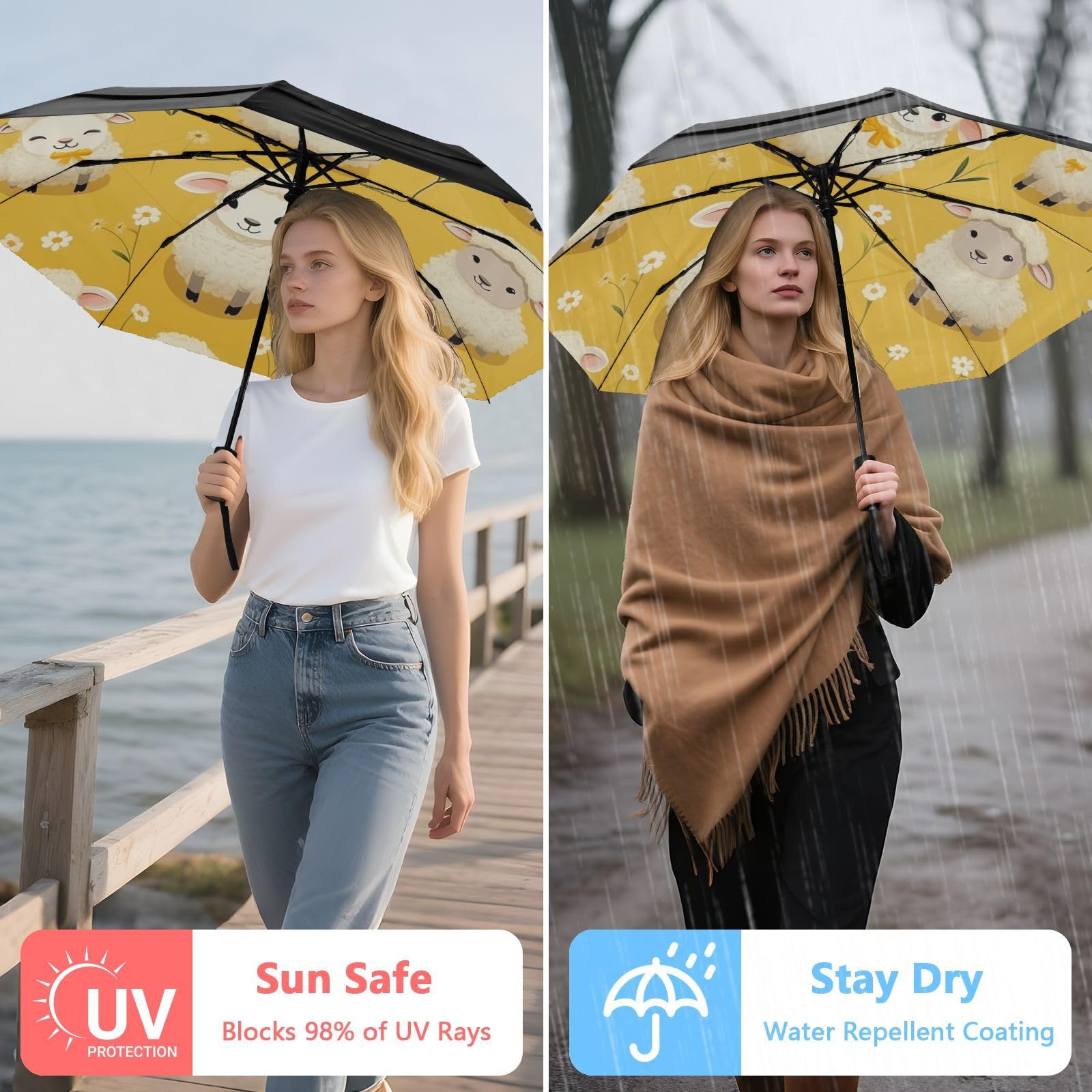 Ovejas Lindas Amarillas Paraguas de Viaje Resistente al Viento Apertura Cierre AutomáTicos,Compacto con ProteccióN Solar UPF 50+ Ideal para JóVenes Chicas