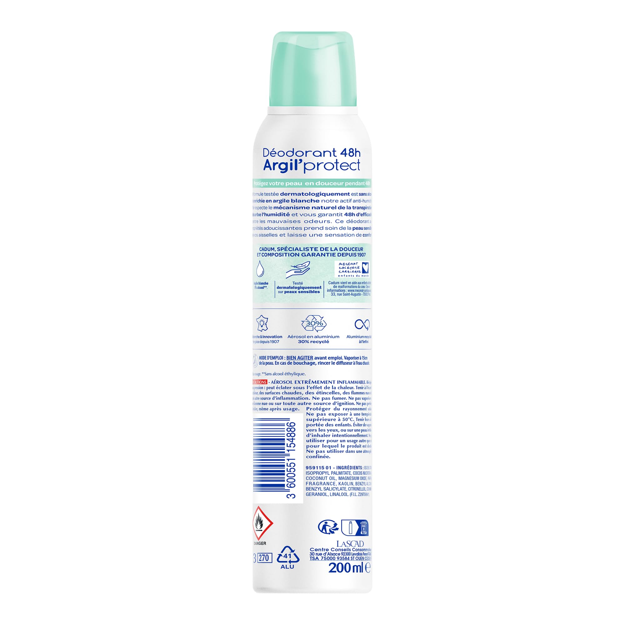 Cadum Dezodorant 48h Argil'Protect świeżość bawełny, zestaw 6 x 200 ml