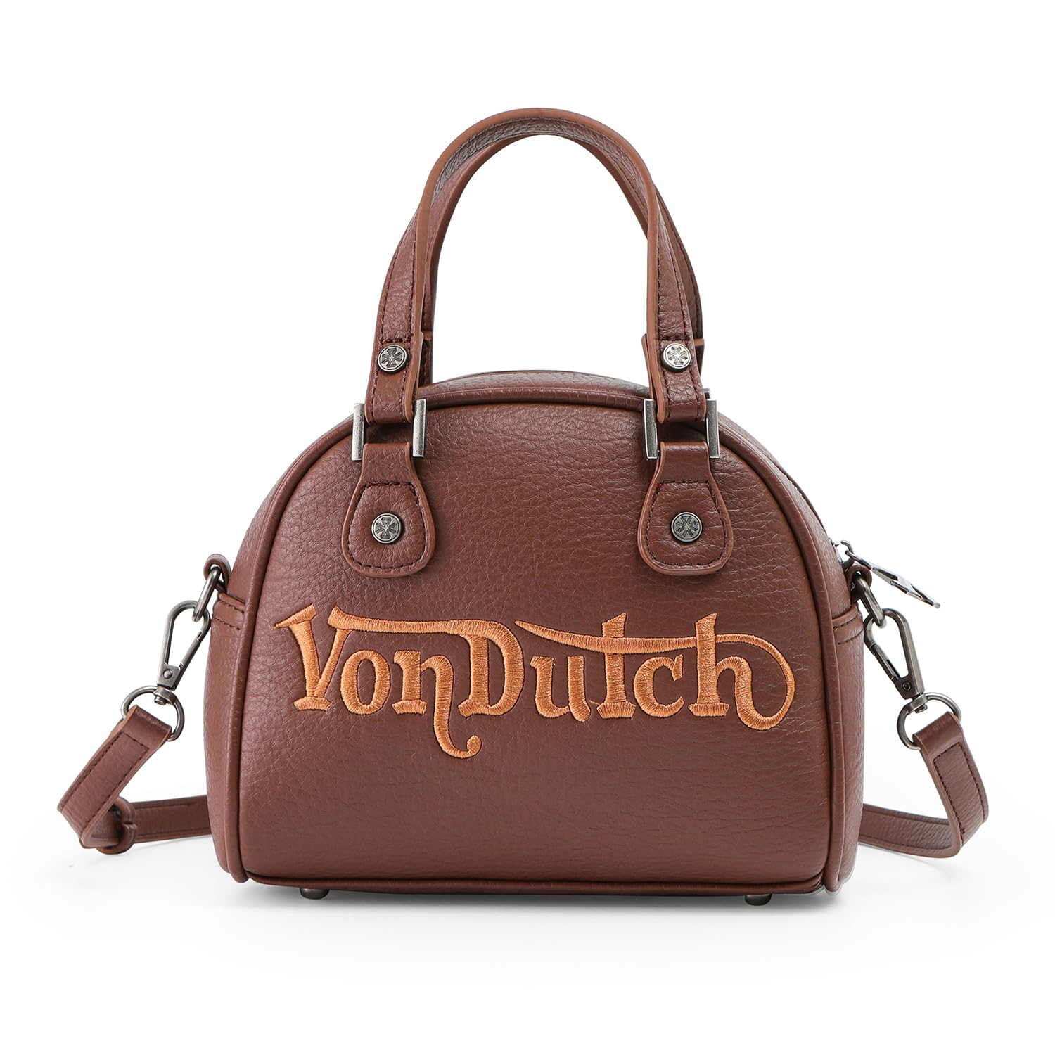 Von Dutch Bowling Bag Purse, Small Bag Crossbody Strap and Top Handles, 8" L x 7" H x 7.5" W, Y2K Purse (Brown Chopper)