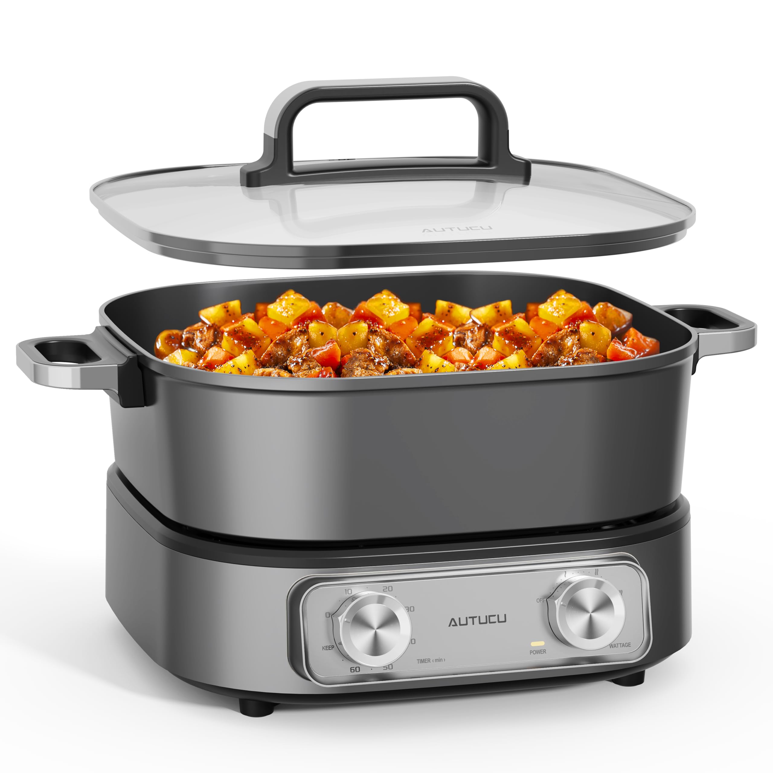 Electric Skillet 6-Quart Hot Pot Nonstick - PFOA-Free Ceramic Coating Pot, 1600W, Timer & 3 Power Settings for Steak, Egg, Ramen