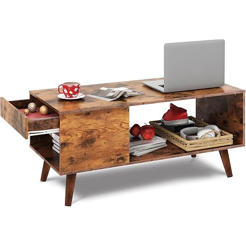 WLIVE Coffee Table, 39.4" Wood Coffee Table with Sliding Top up to 50" TV, Modern Center Table with Open Storage Shelf for Living Room, Bedroom, Rustic Brown