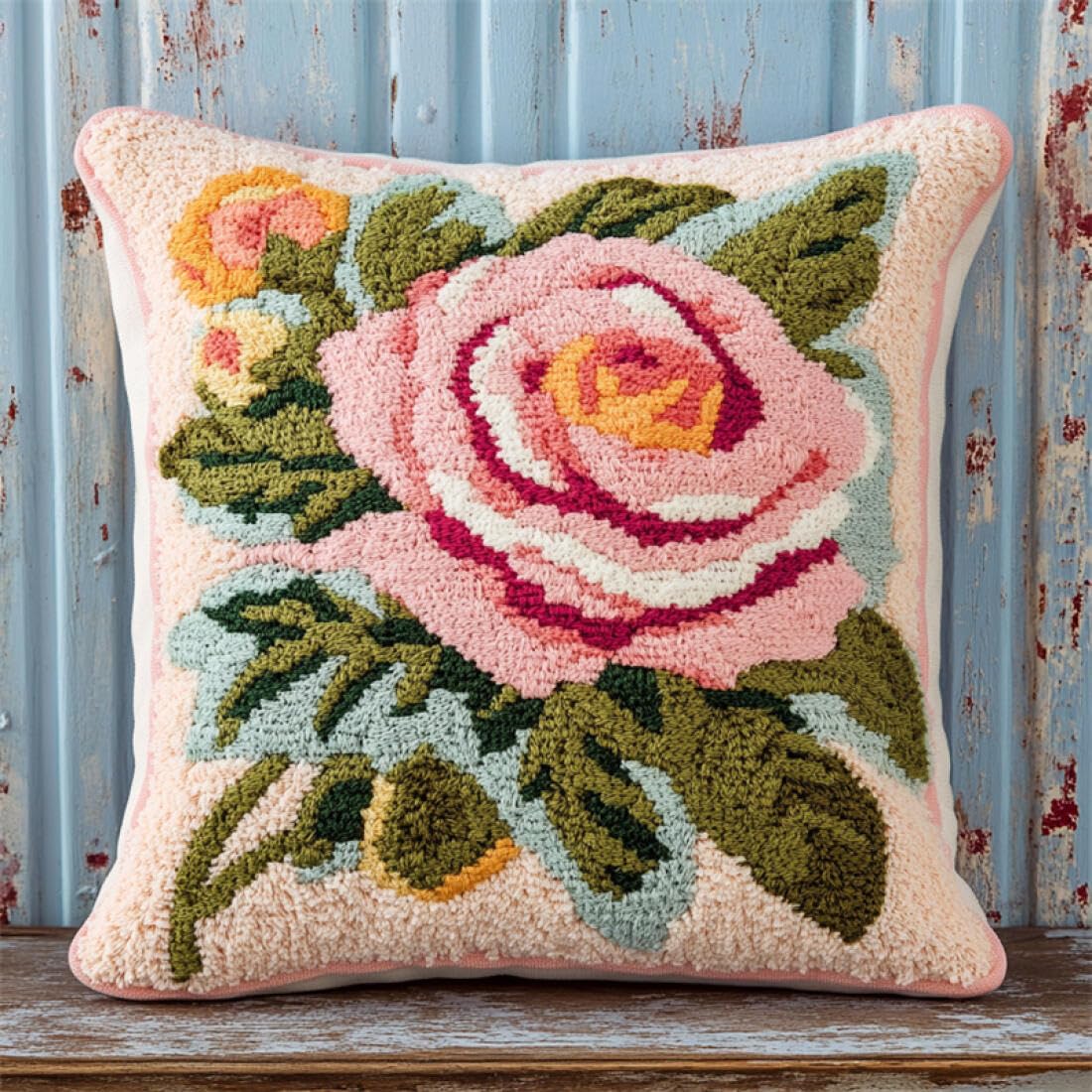 Kitquiver DIY Latch Hook Kit Pink Roses Cross Stitch Pillowcase Making Kits,DIY Latch Hook Rug Kit Embroidery 17x17In