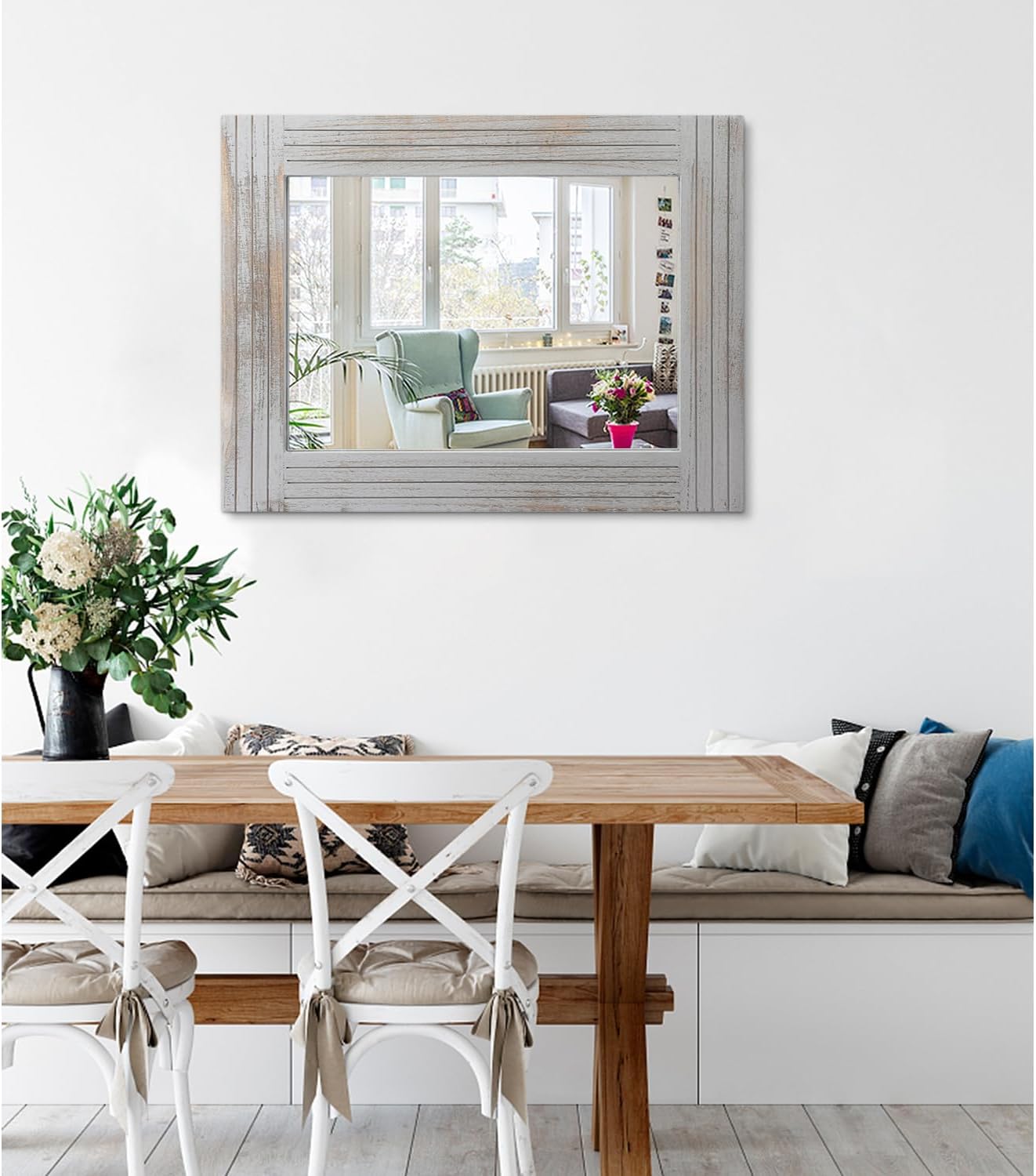 Rustic Mirror Wooden Frame Rectangular Antique Wall Mirror Decor Farmhouse Bedroom Dresser Bedroom Entryway Mirror Large Light Gray 20"x16"