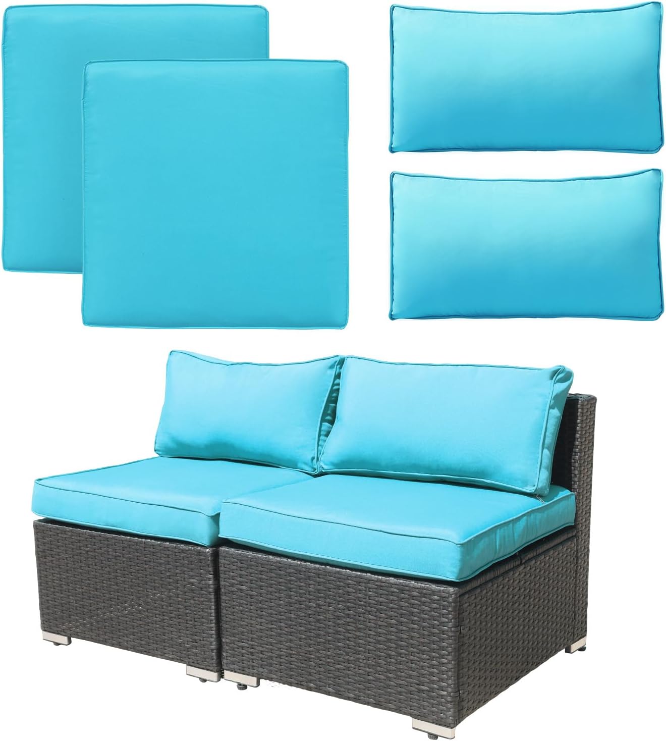 4Pcs Patio Cushion Covers Replacement Outdoor Furniture Couch Waterproof Cover Deep Seating Sofa Chair Cushion Set Covers Slipcovers Washable with Zipper Only Cover (Cyan, 25.6x25.6x3.9)