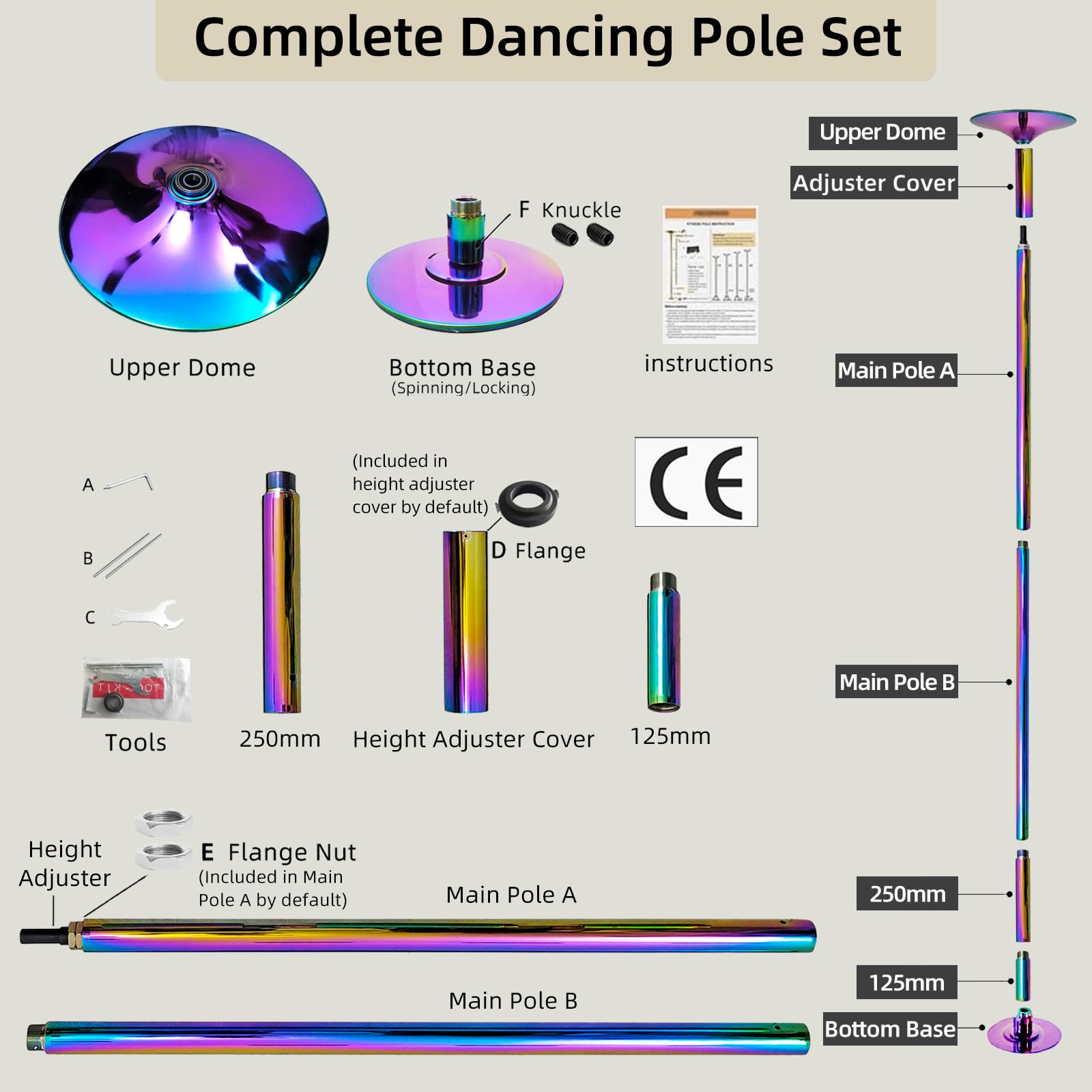 PRIORMAN Dance Pole Set -Premium Heavy Duty Height Adjustable 7.38-8.85ft Portable 45mm(1.77") 360°Spinning Pole Dancing Pole W/CE Certificate for Home Gym, Removable, 200KGS Capacity: Colorful