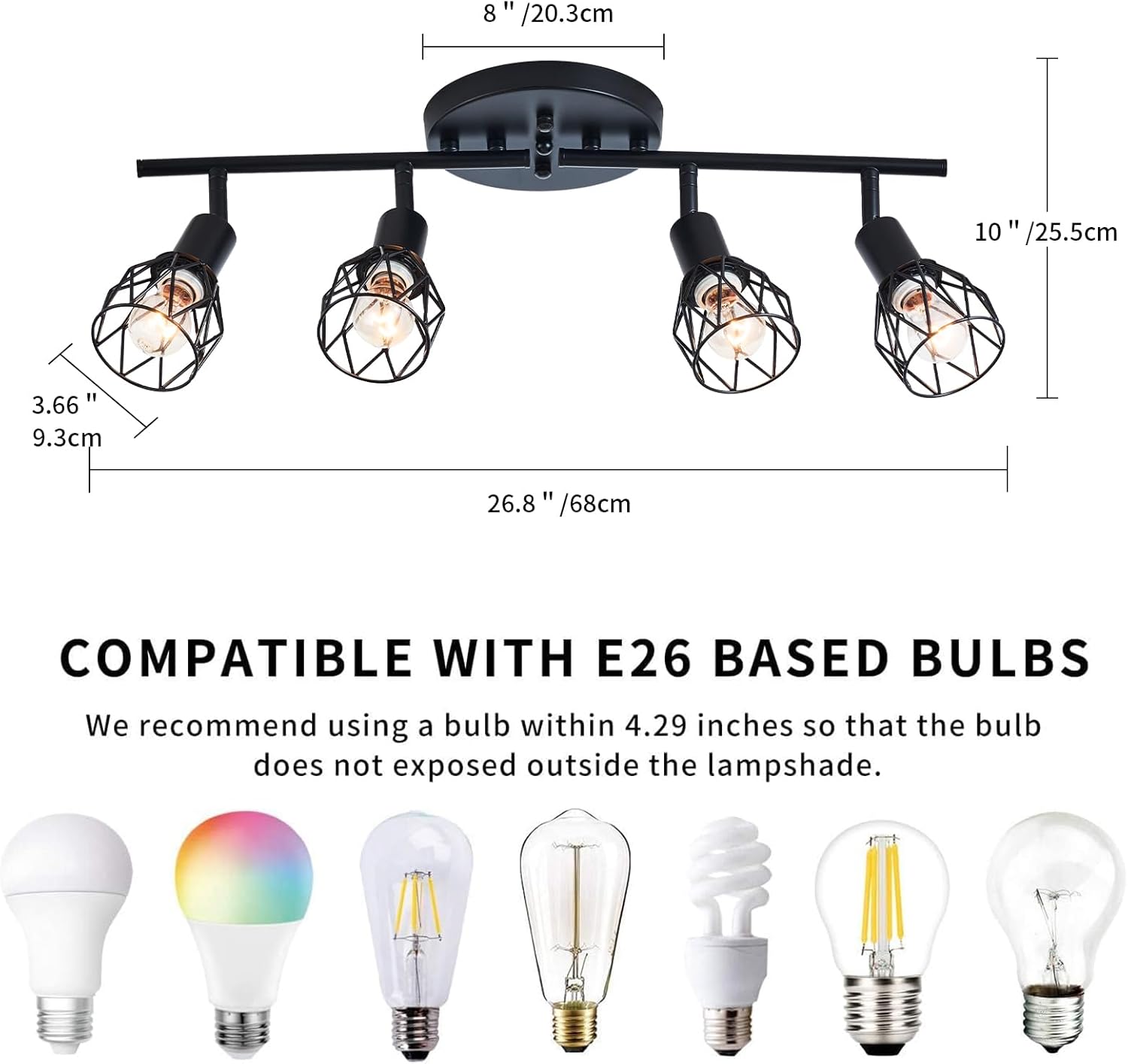 Track Lighting Kit, 4-Light Adjustable Multi-Directional Ceiling Light Fixtures, Vintage Black Metal Wire Cage Farmhouse Light Fixtures Ceiling Mount for Kitchen Dining Table Hallway Bathroom Bedroom