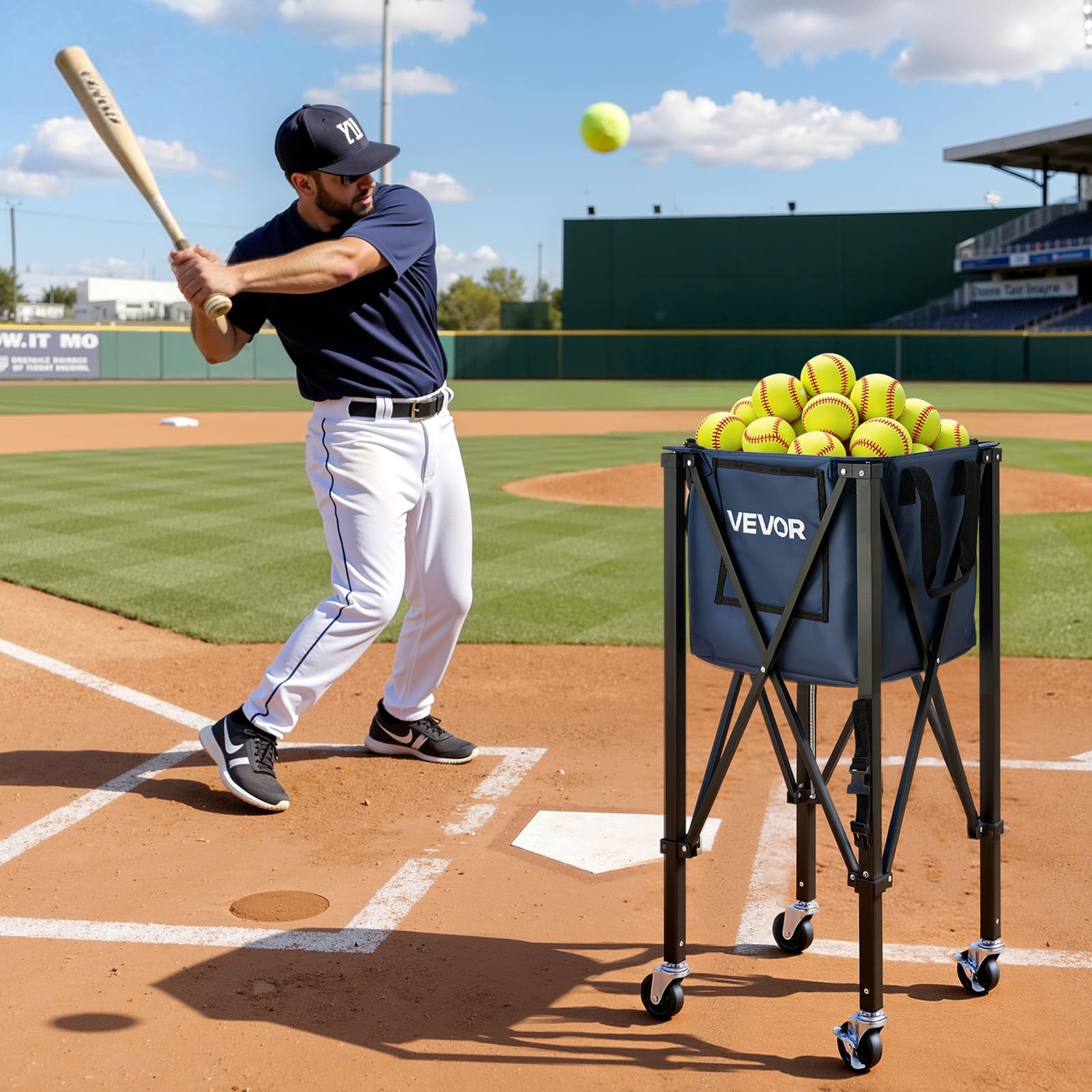 VEVOR Panier à Balles de Tennis et Pickleball 2-en-1 avec roulettes, Capacité de 150 Balles de Tennis ou 260 Pickleballs, Chariot Pliable avec Tube de Ramassage, Panier Portable pour Entraînement