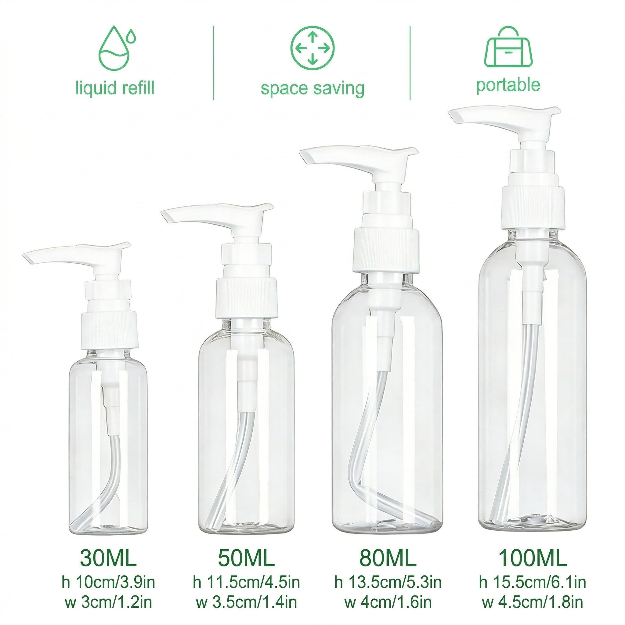 4 Pezzi dispenser per crema, 30ml, 50 ml, 80 ml, 100 ml, Trasparente enza senz'aria Flaconi da Viaggio, Boccette Contenitori Ricaricabile Con 3 imbuti, per Cosmetici, Lozione, Bagno, Shampoo Liquidi