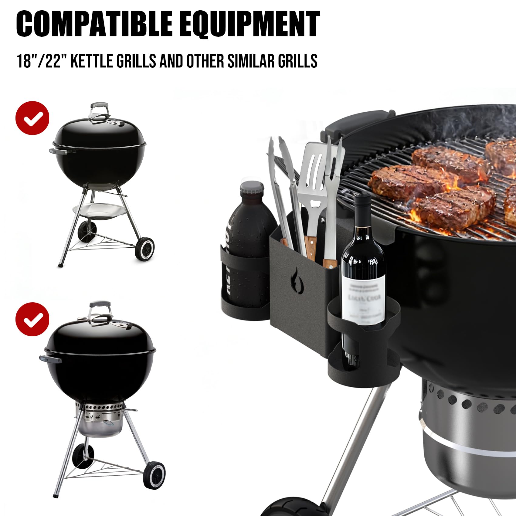 onlyfire Grillbesteck Halter für Weber 47cm und 57cm Kugelgrills, BBQ Besteckhalter mit 2 Flaschenhalter/Saucenhalter, Gasgrill Bierhalter, Grill Flaschenhalter, Halterung Grillzubehör