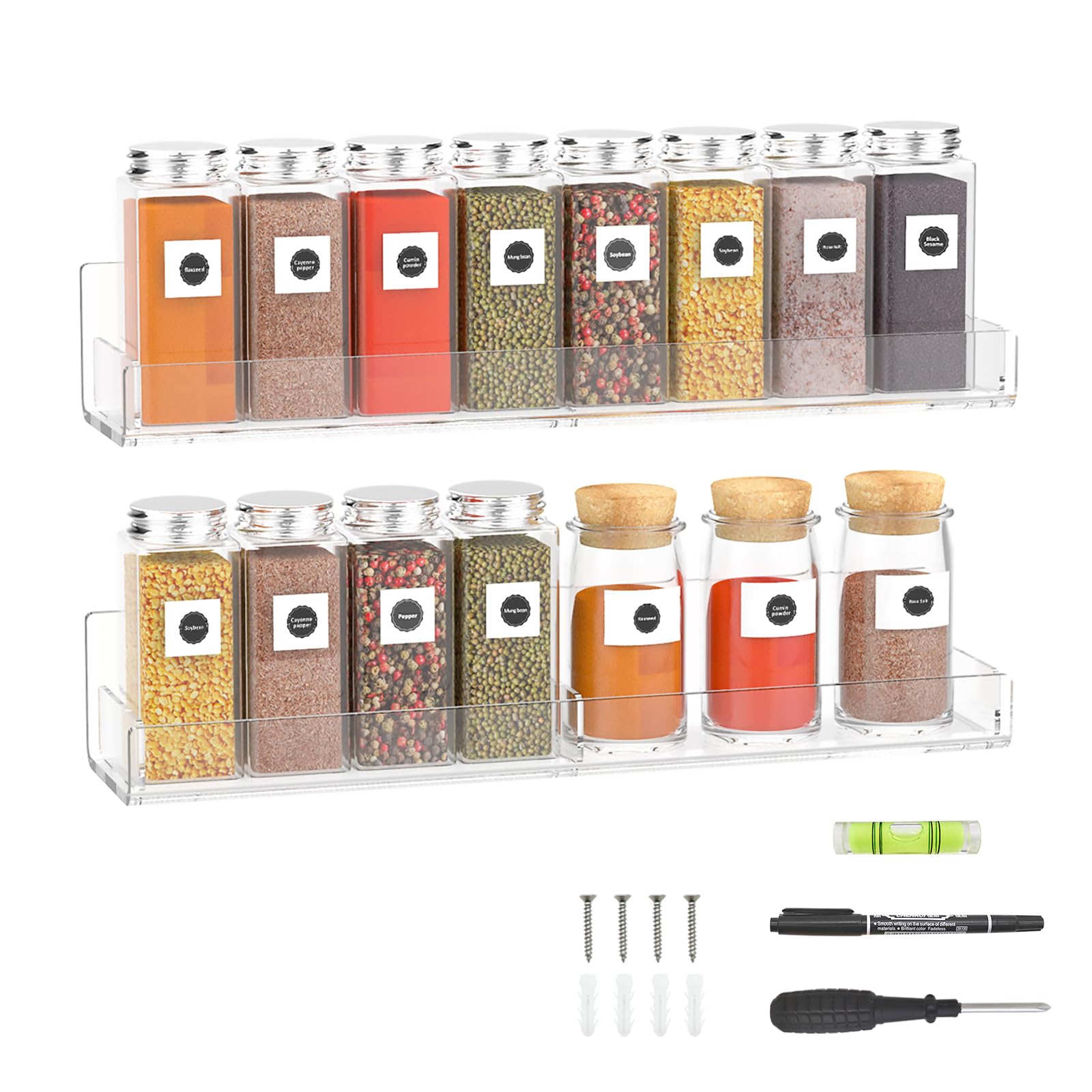 Sezanrpt Acrylic Spice Rack Wall Mount, Hanging Spice Shelf Racks for Seasonings, Kitchen Spice Jars Wall Organizer Storage Holder, 2 Pack